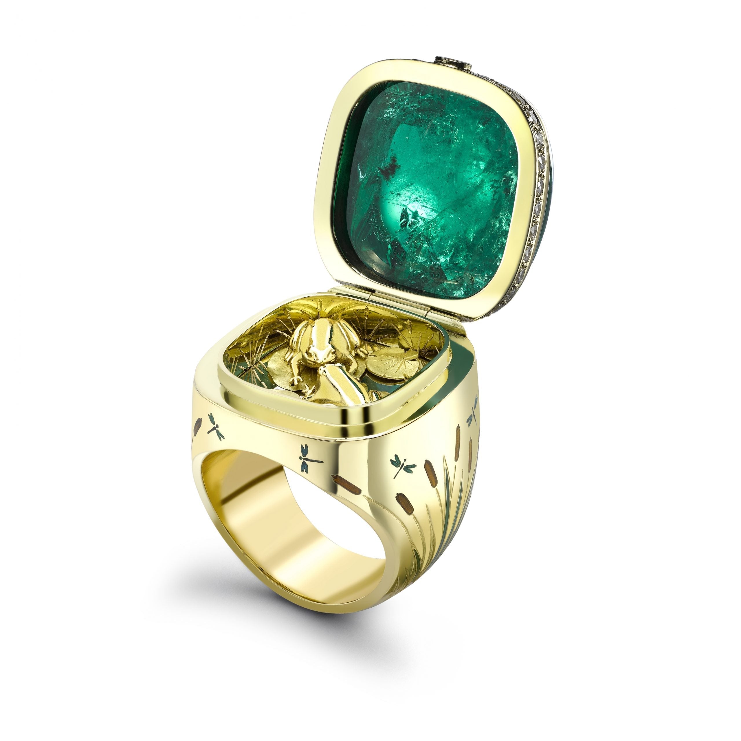Emerald Kissing Frogs Opening Ring