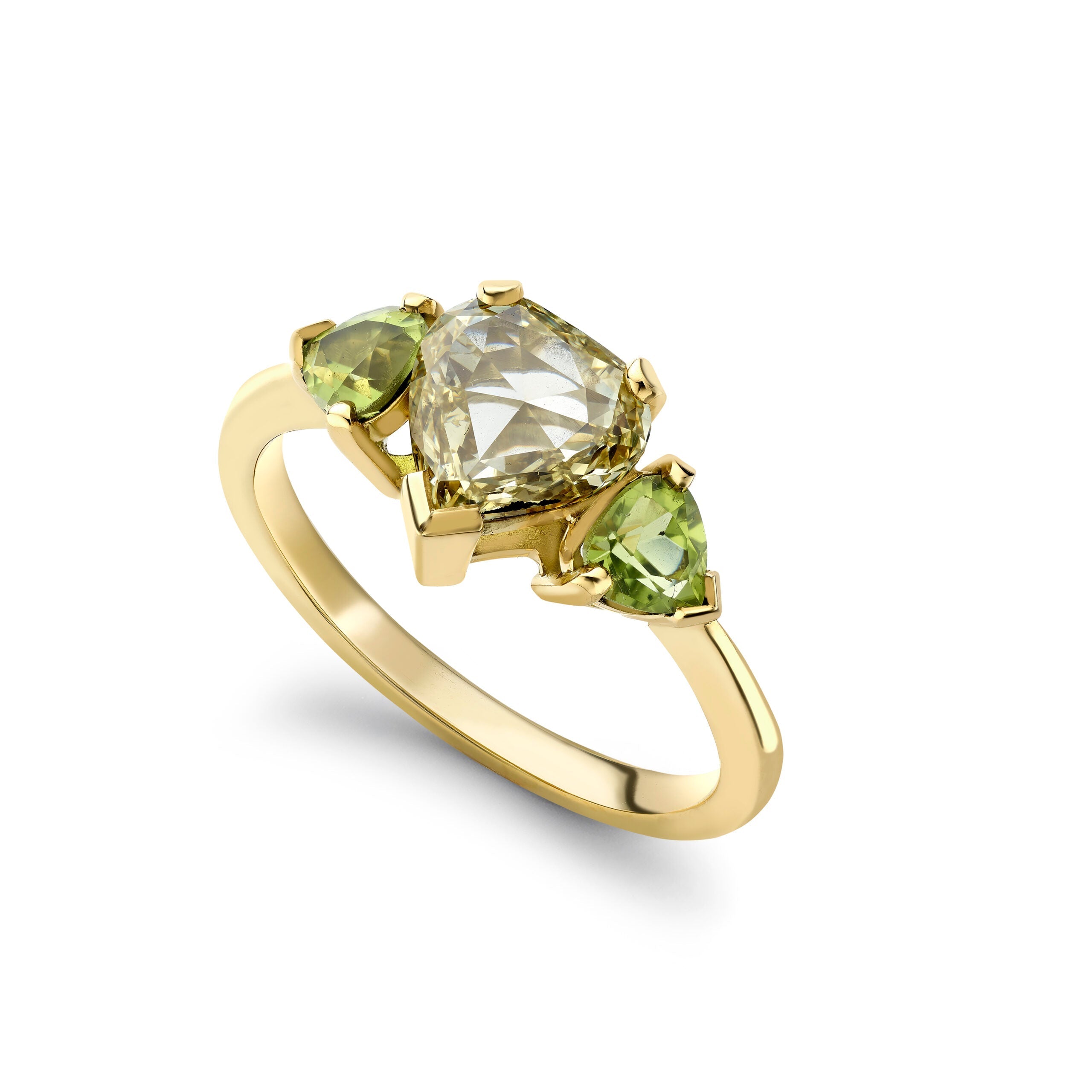 Yellow Heart Shaped Diamond and Peridot Three Stone Ring