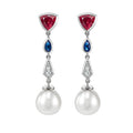 Pink Spinel, Blue Spinel, Diamond and Freshwater Pearl Drop Earrings