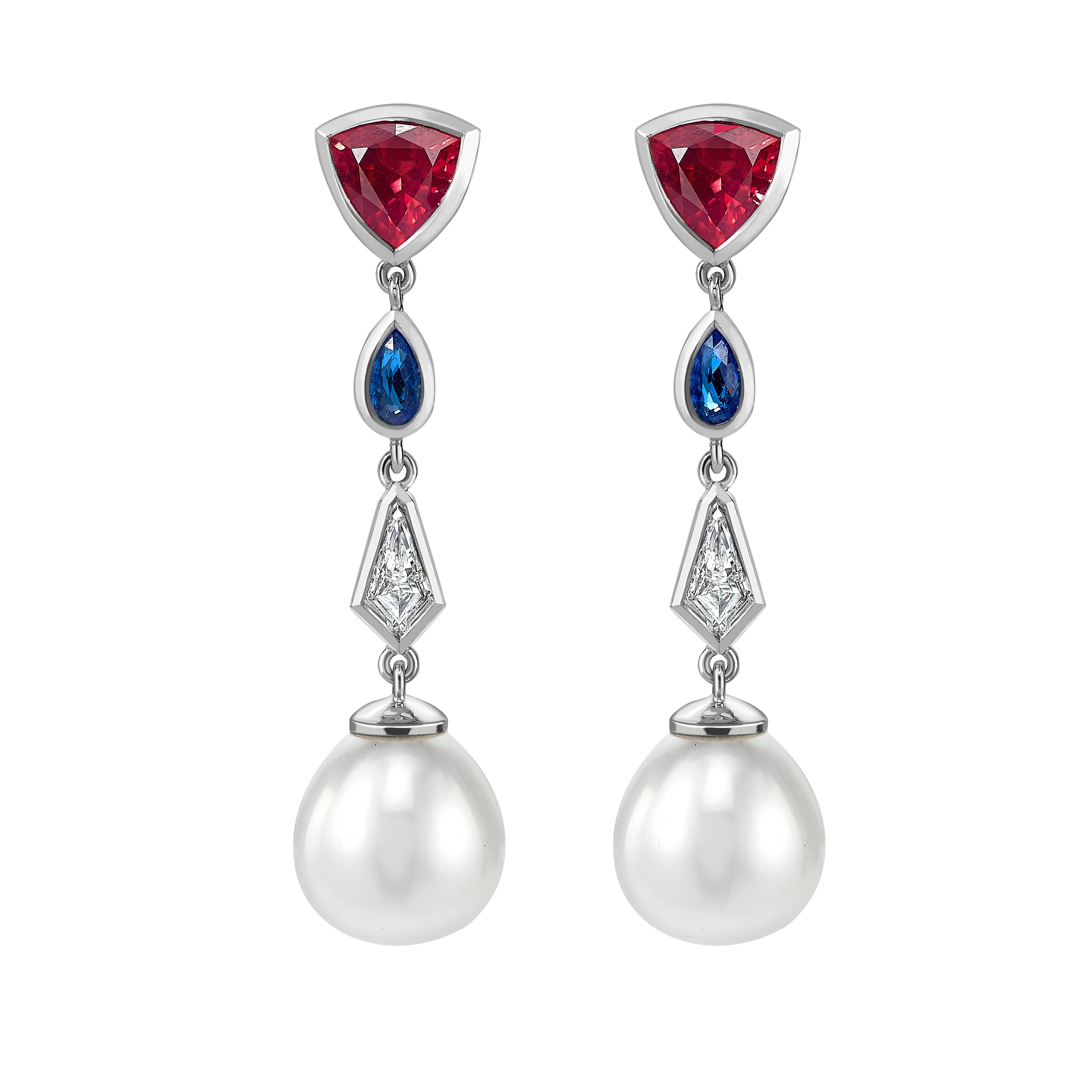 Pink Spinel, Blue Spinel, Diamond and Freshwater Pearl Drop Earrings
