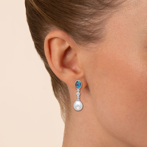 Boulder Opal, Diamond and Pearl Drop Earrings