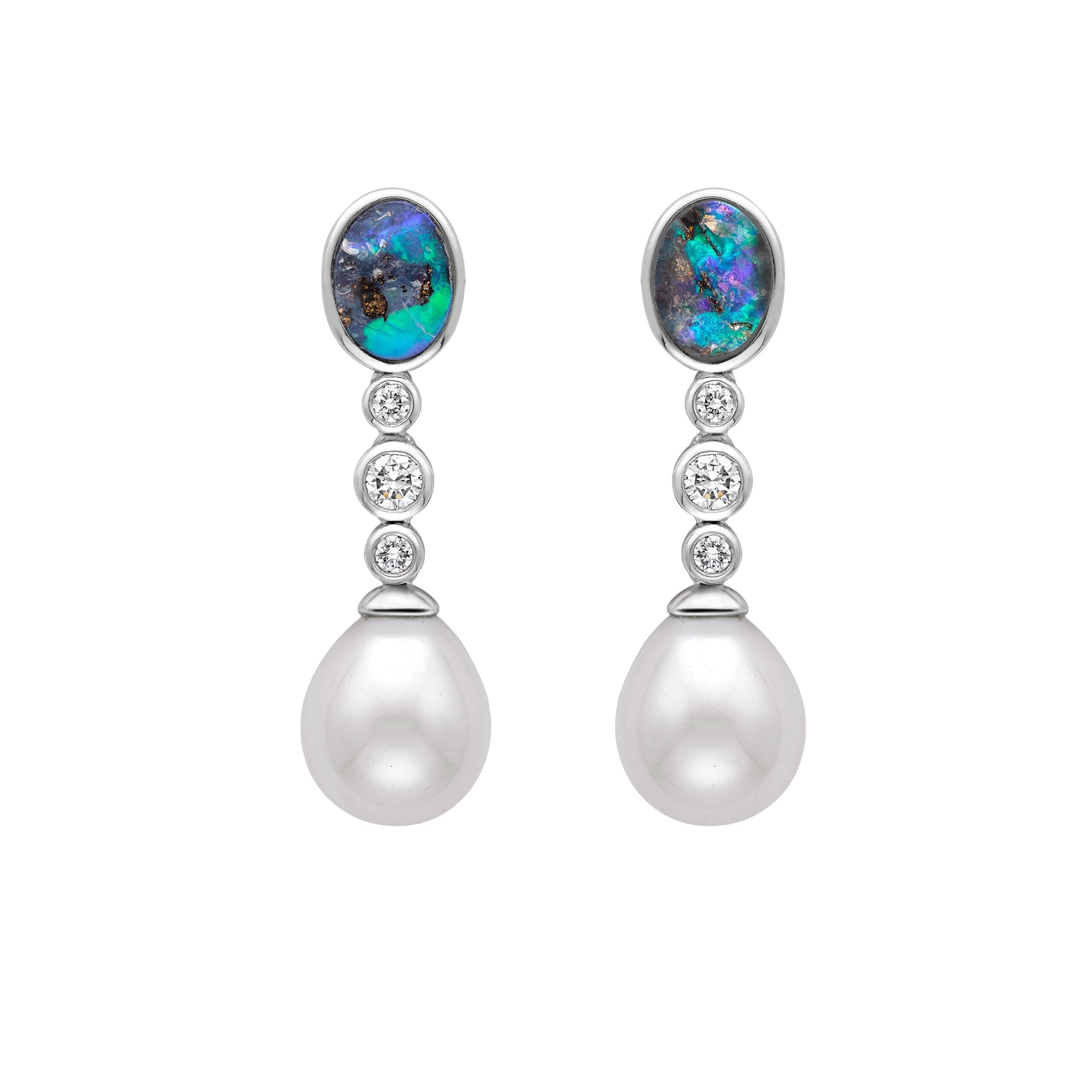 Boulder Opal, Diamond and Pearl Drop Earrings