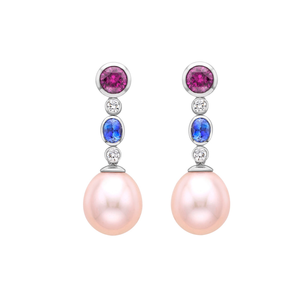 Purple Garnet, Blue Sapphire and Pearl Drop Earrings