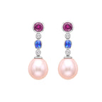 Purple Garnet, Blue Sapphire and Pearl Drop Earrings