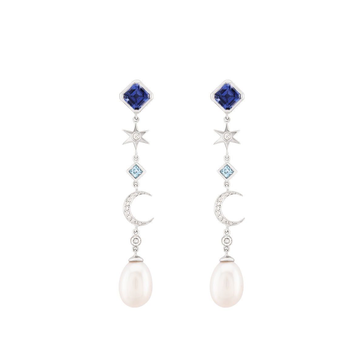 Iolith, Diamond, Blue Topaz & Pearl Drop Moon Fable Earrings