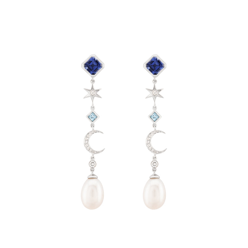 Iolith, Diamond, Blue Topaz & Pearl Drop Moon Fable Earrings