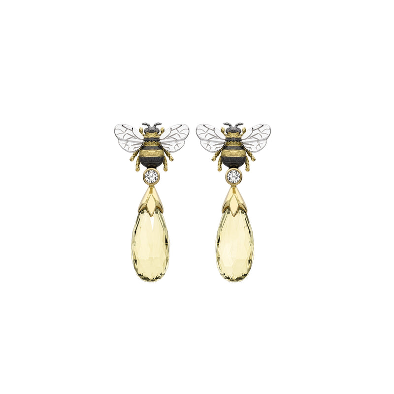 Diamond & Citrine Briolette Bee Drop Earrings