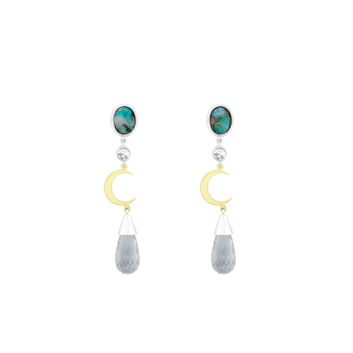 Opal, Diamond & Topaz Briolette Drop Moon Fable Earrings