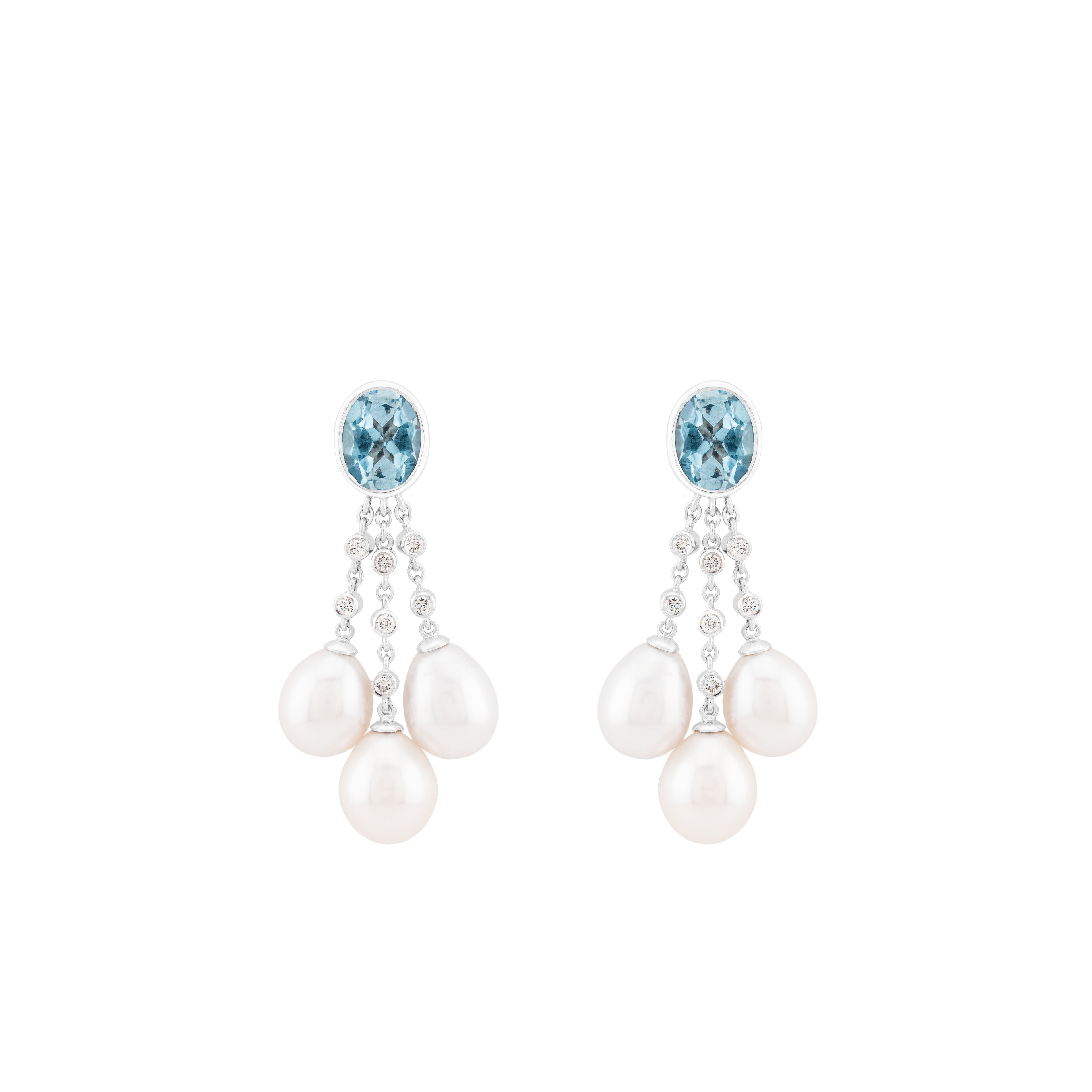 Blue Topaz, Diamond & Freshwater Pearl Waterfall Drop Earrings