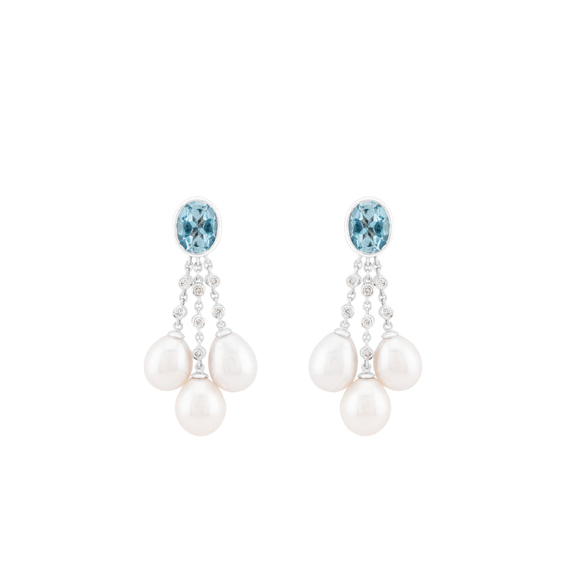 Blue Topaz, Diamond & Freshwater Pearl Waterfall Drop Earrings