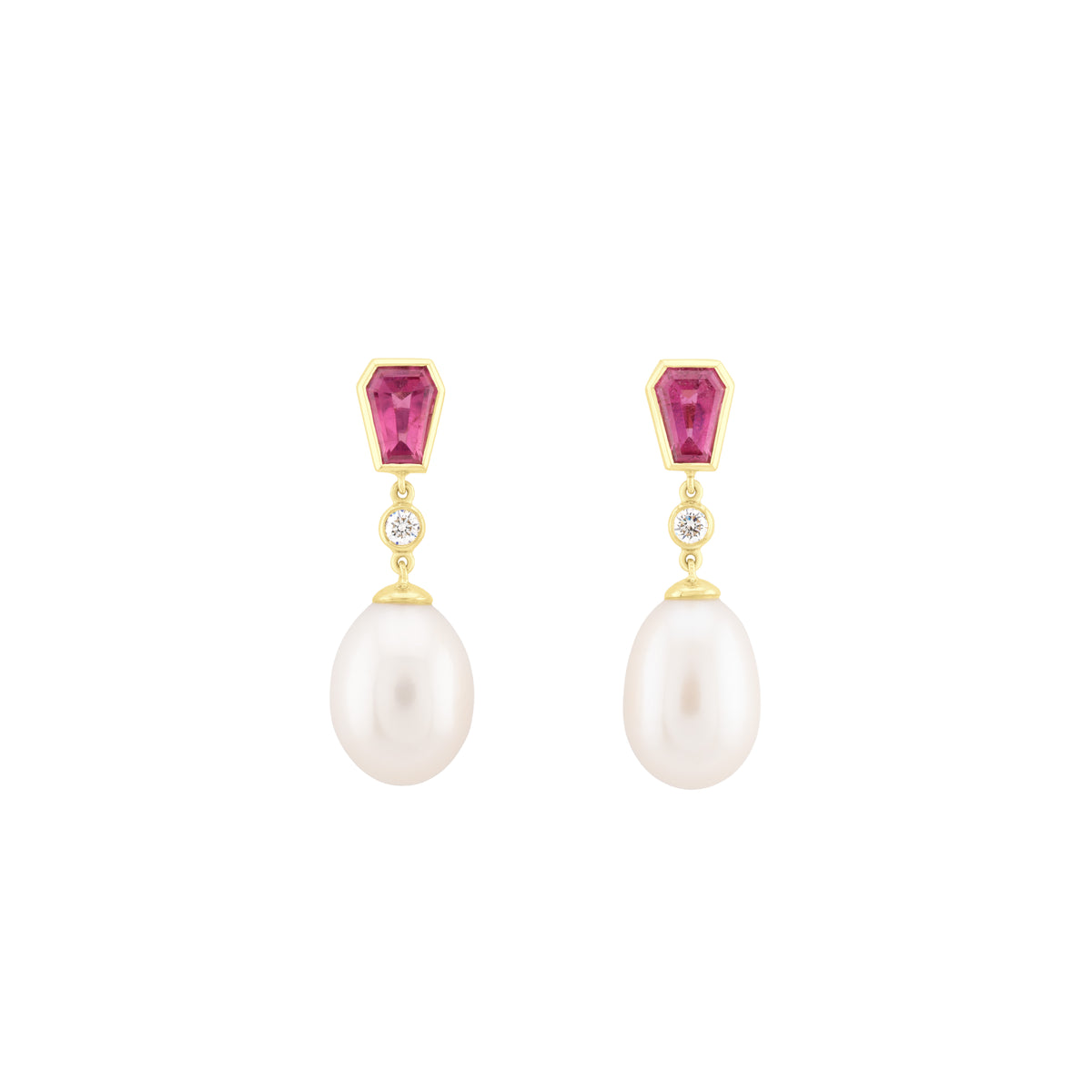 Pink Tourmaline, Diamond & Freshwater Pearl Drop Earrings