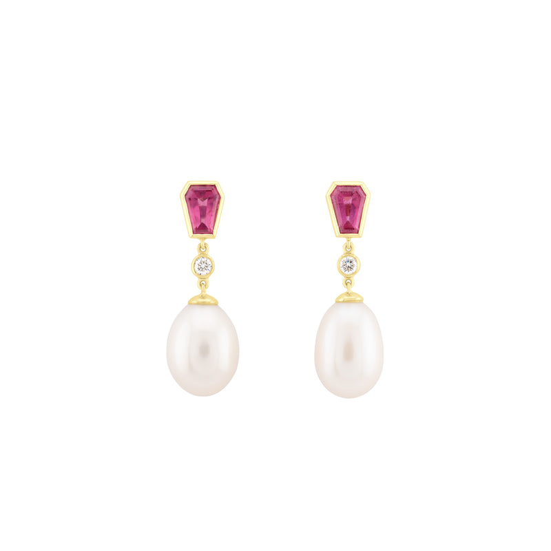 Pink Tourmaline, Diamond & Freshwater Pearl Drop Earrings