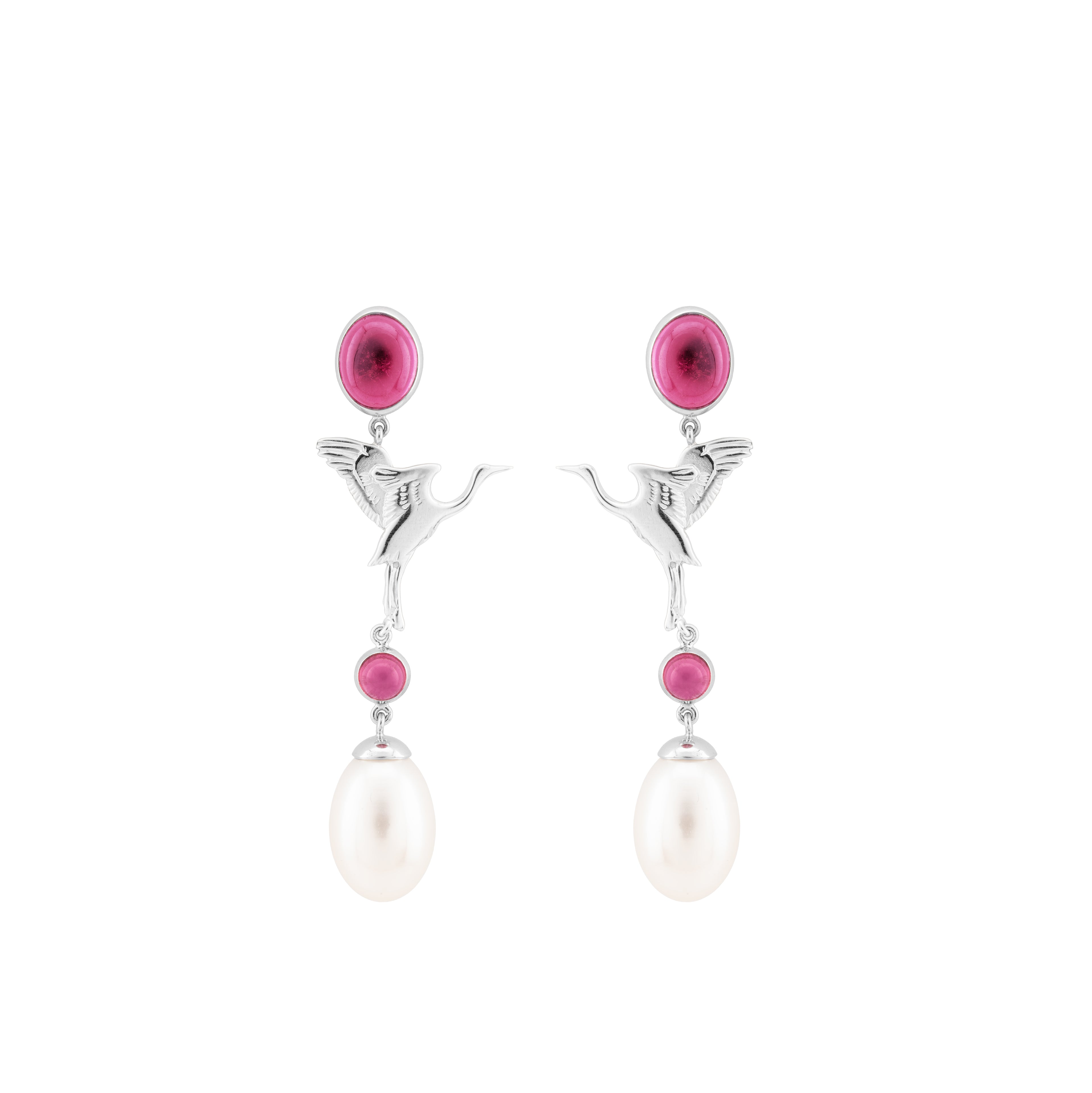 Pink Tourmaline & Freshwater Pearl Crane Earrings