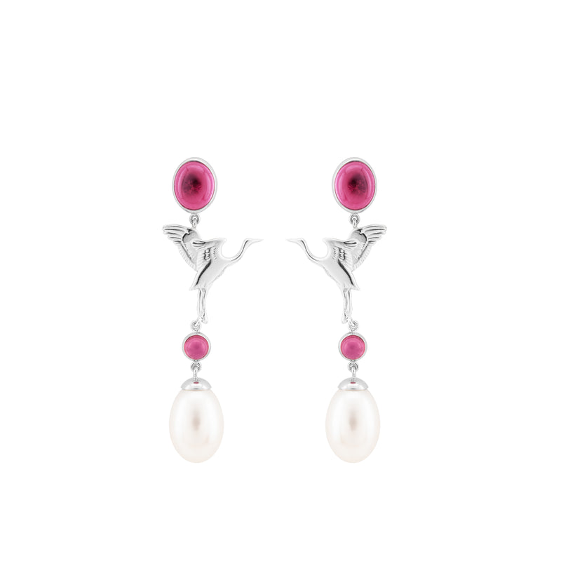 Pink Tourmaline & Freshwater Pearl Crane Earrings