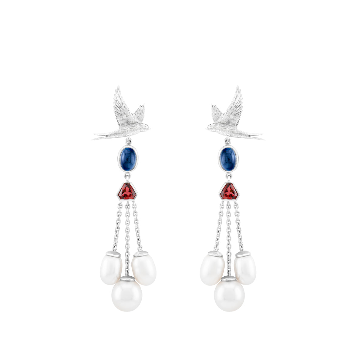 Sapphire, Garnet, Pearl Drop Waterfall Swallow Earrings