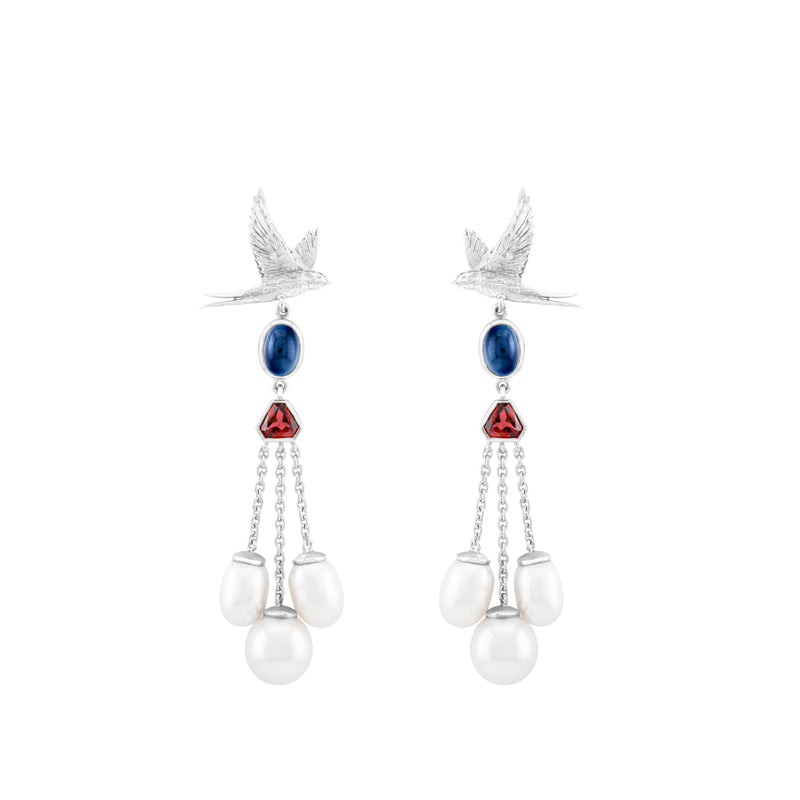 Sapphire, Garnet, Pearl Drop Waterfall Swallow Earrings