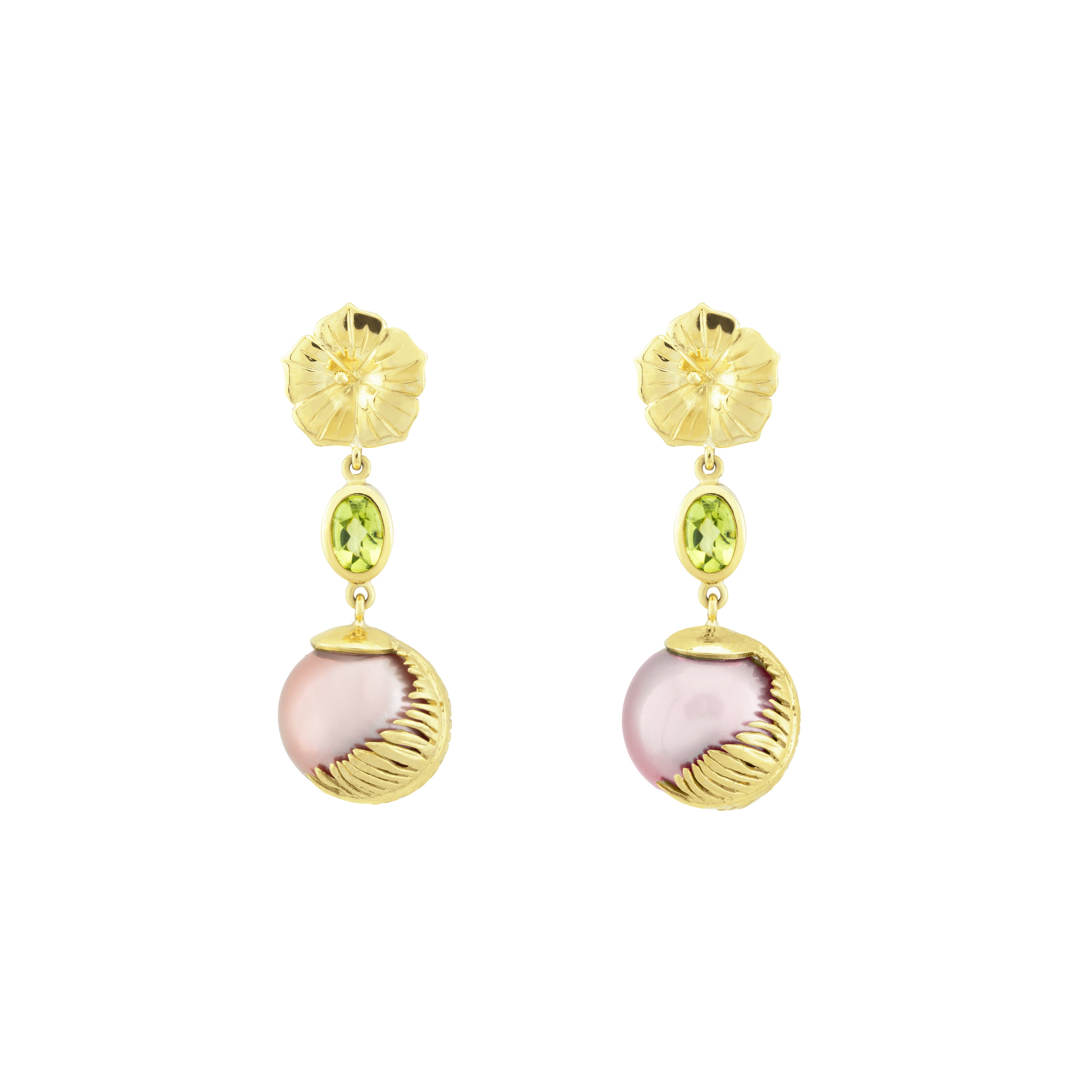 Peridot, Pink Freshwater Pearl, Hibiscus & Palm Leaf Drop Earrings