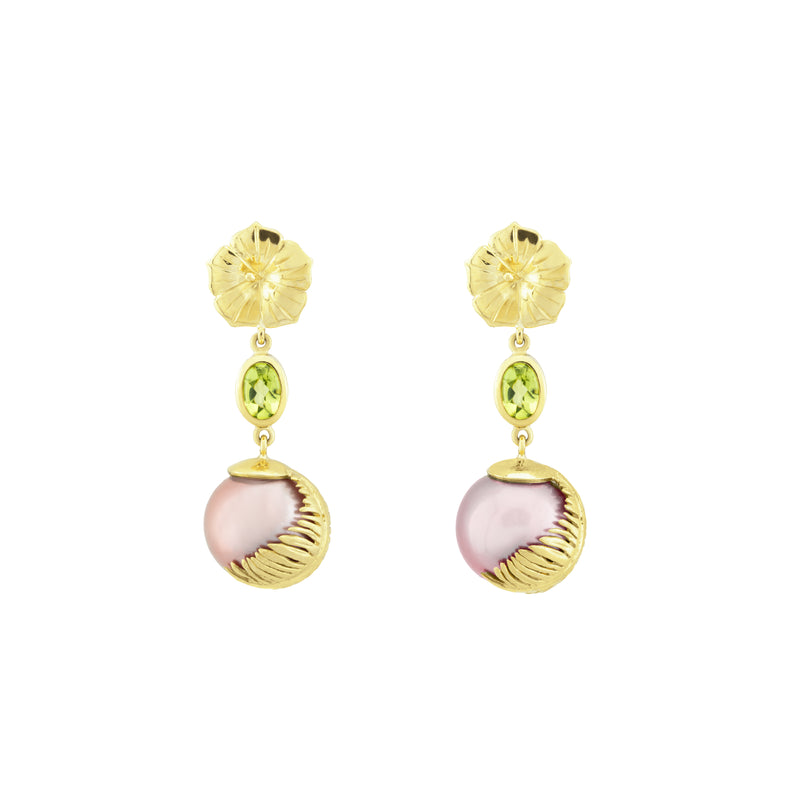 Peridot, Pink Freshwater Pearl, Hibiscus & Palm Leaf Drop Earrings