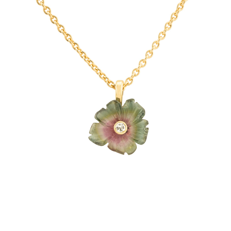 Bi-coloured Tourmaline and Diamond Flower Pendant with 18 inch Chain (Small)
