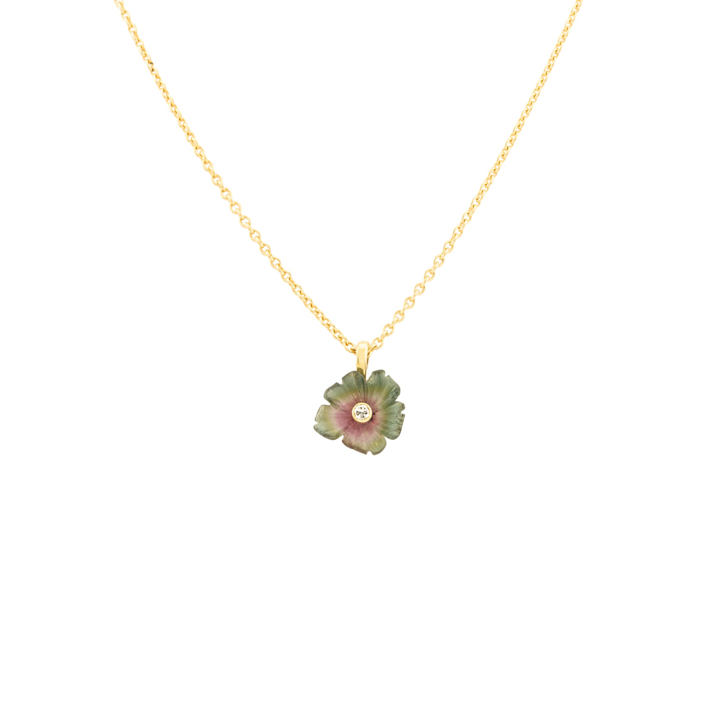 Bi-coloured Tourmaline and Diamond Flower Pendant with 18 inch Chain (Small)