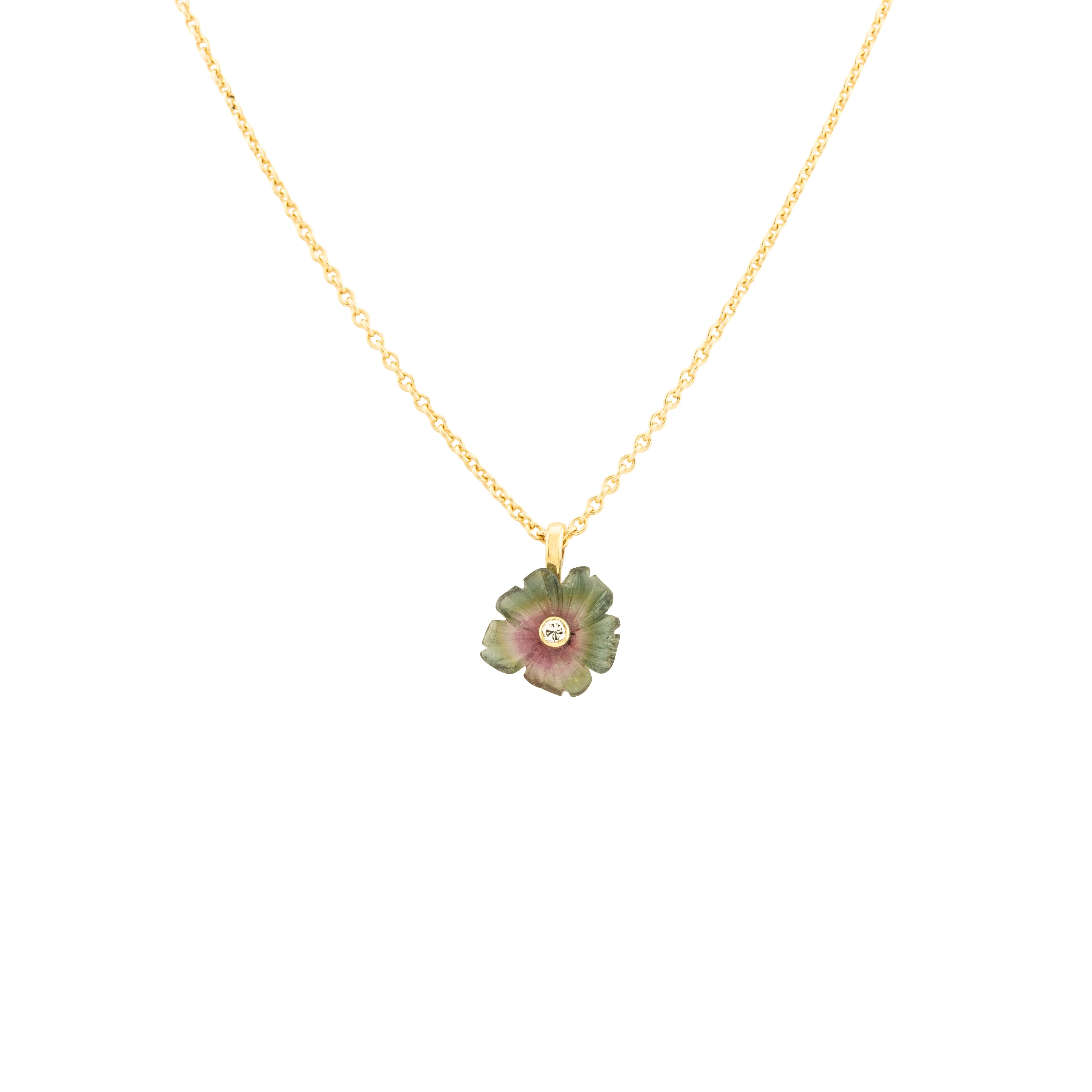 Bi-coloured Tourmaline and Diamond Flower Pendant with 18 inch Chain (Small)