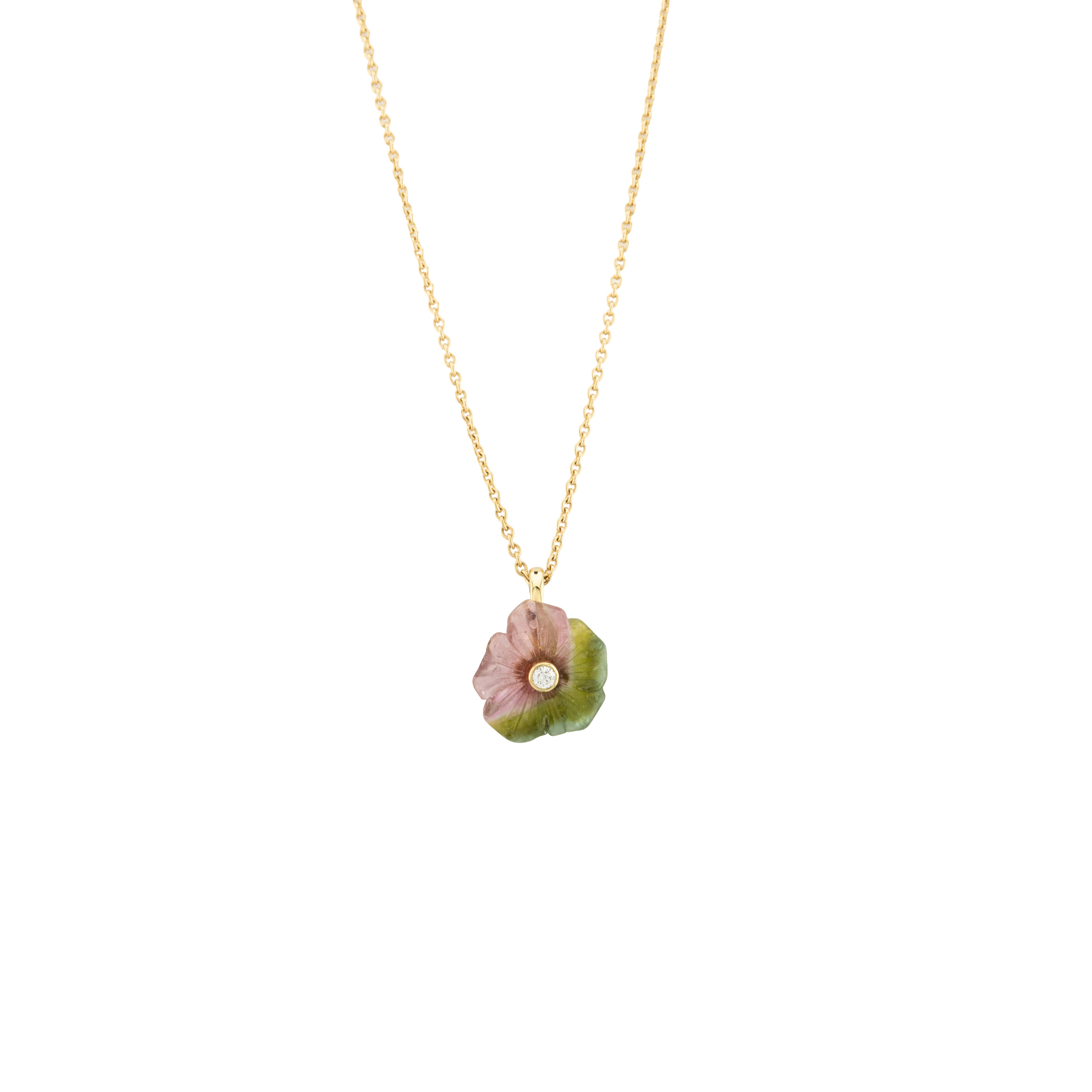 Bi-coloured Tourmaline and Diamond Flower Pendant with 18 inch Chain