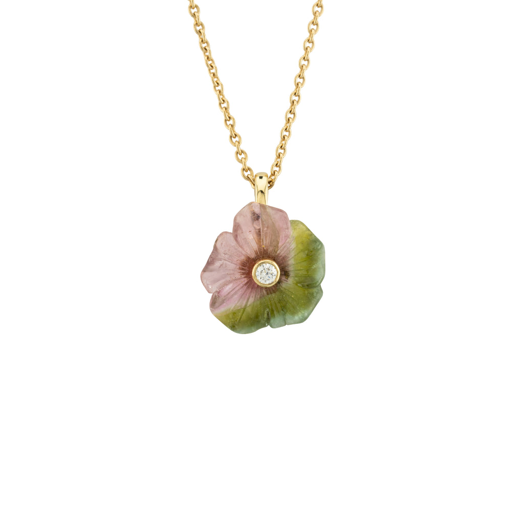 Bi-coloured Tourmaline and Diamond Flower Pendant with 18 inch Chain