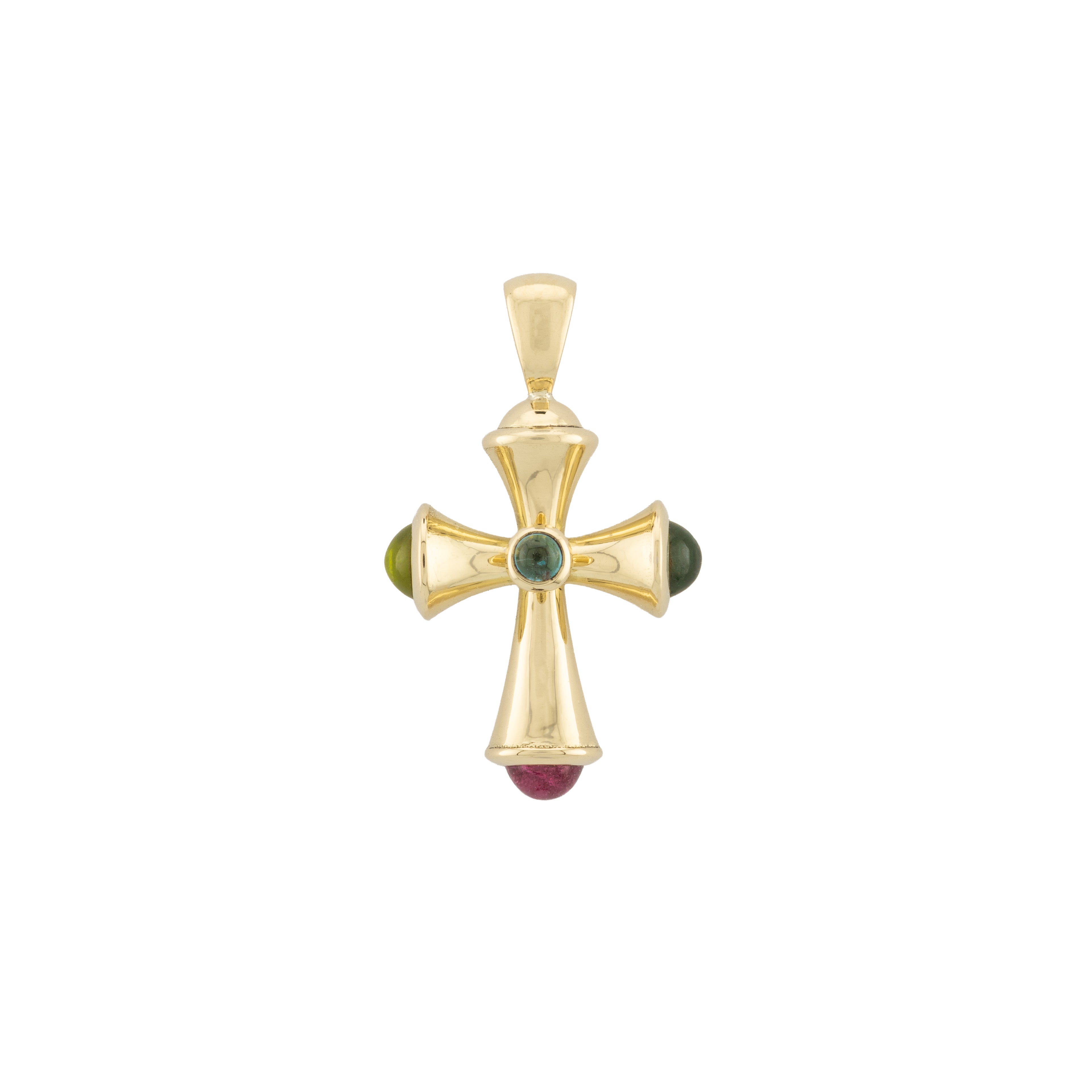 Trumpet Cross with Pink & Green Tourmaline, Peridot and Blue Topaz
