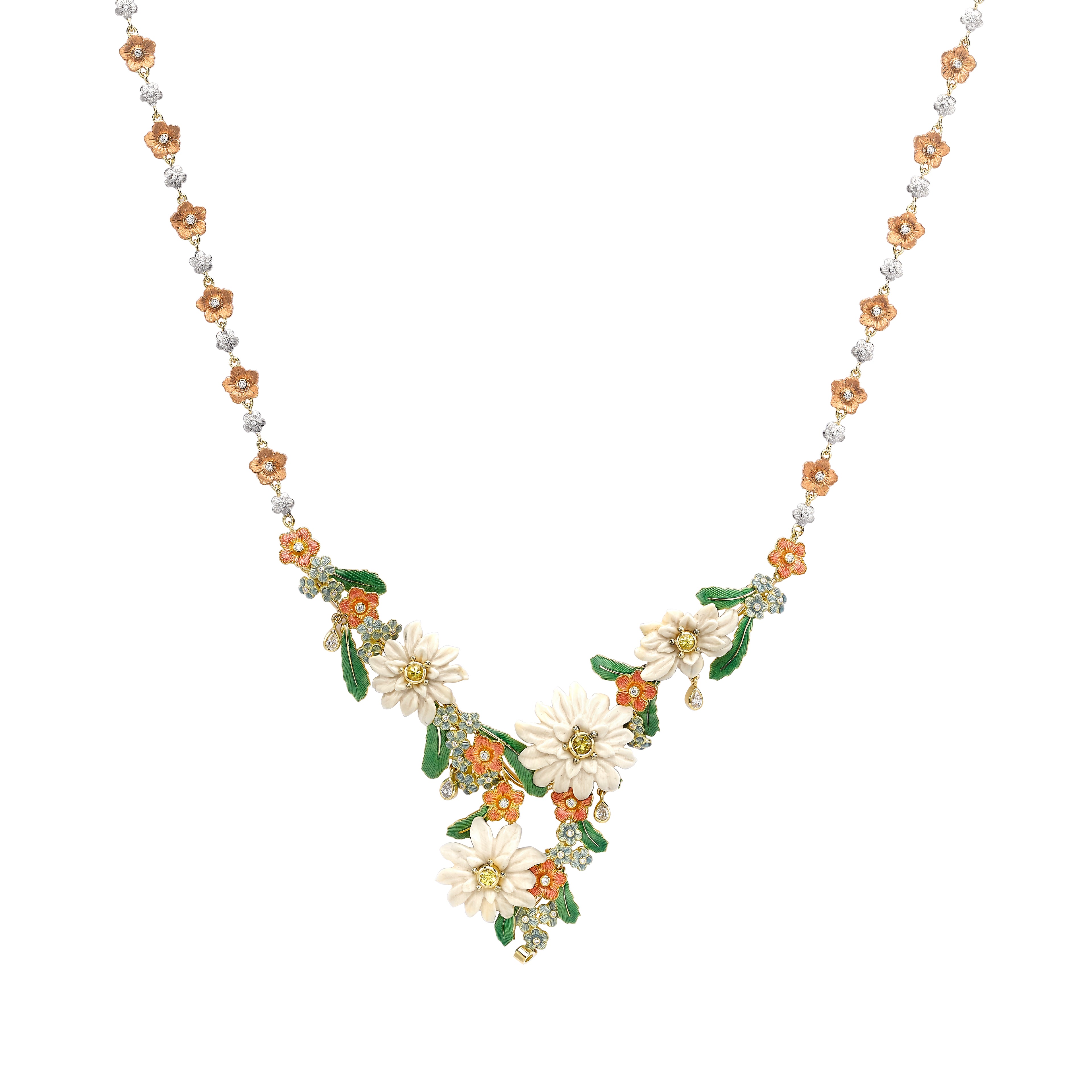 Diamond, Yellow Sapphire, Enamel and Mammoth Bone Alpine Necklace