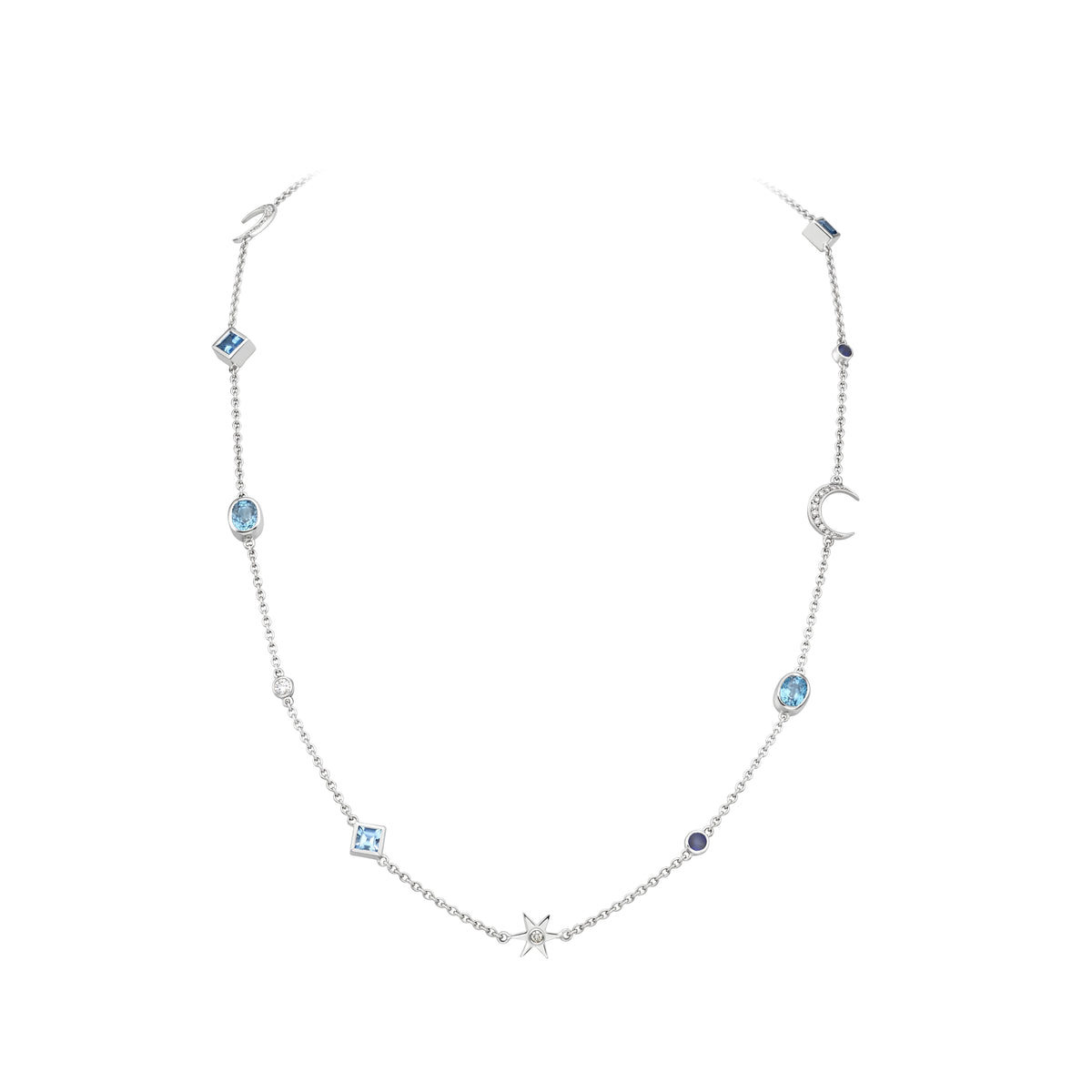 Blue Topaz, Blue Zircon, Sapphire & Diamond Moon Star Fable Necklace