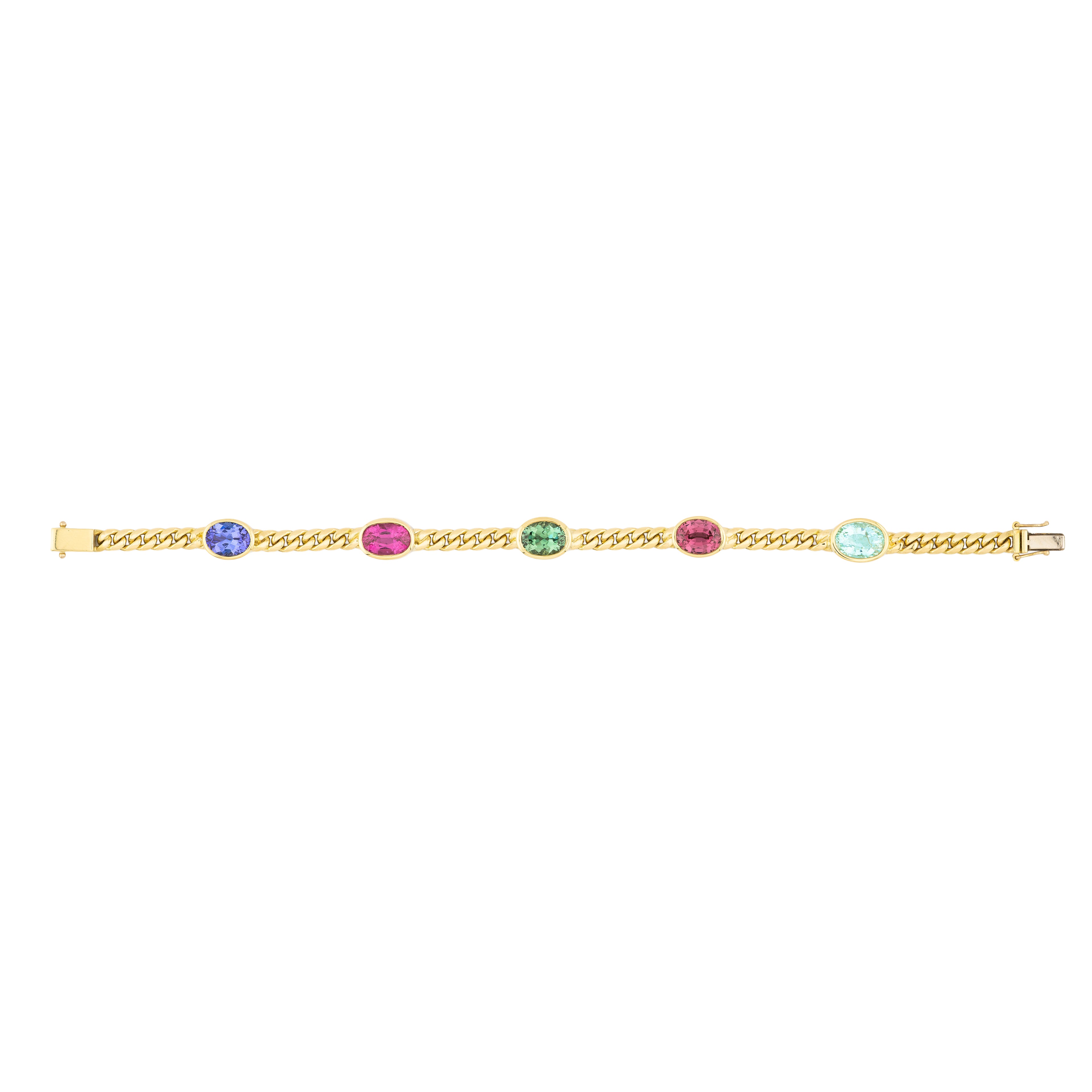 Tanzanite, Pink Tourmaline, Green Tourmaline, Malaya Garnet & Cuprian Pariaba Curb link Bracelet