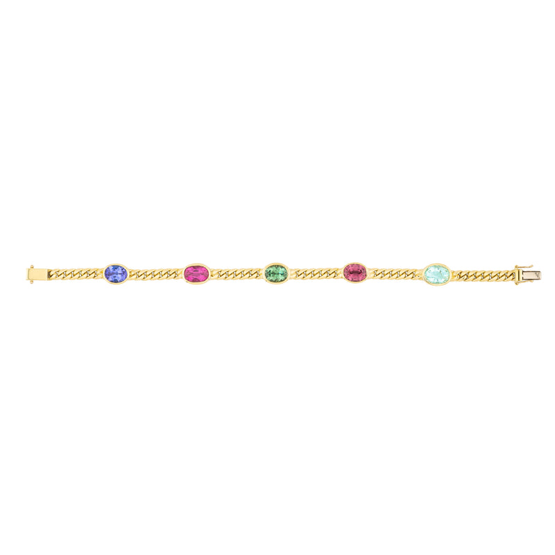 Tanzanite, Pink Tourmaline, Green Tourmaline, Malaya Garnet & Cuprian Pariaba Curb link Bracelet