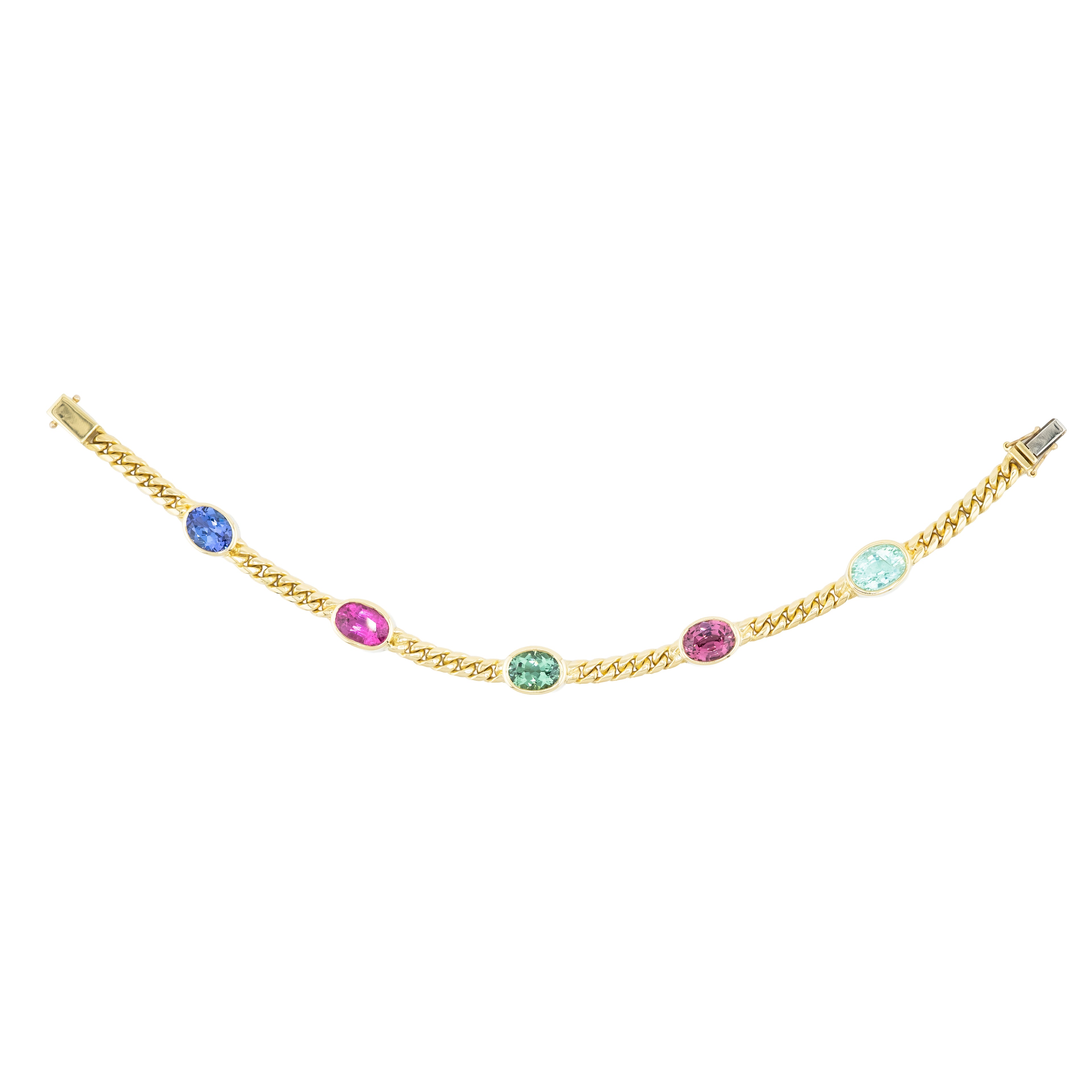 Tanzanite, Pink Tourmaline, Green Tourmaline, Malaya Garnet & Cuprian Pariaba Curb link Bracelet