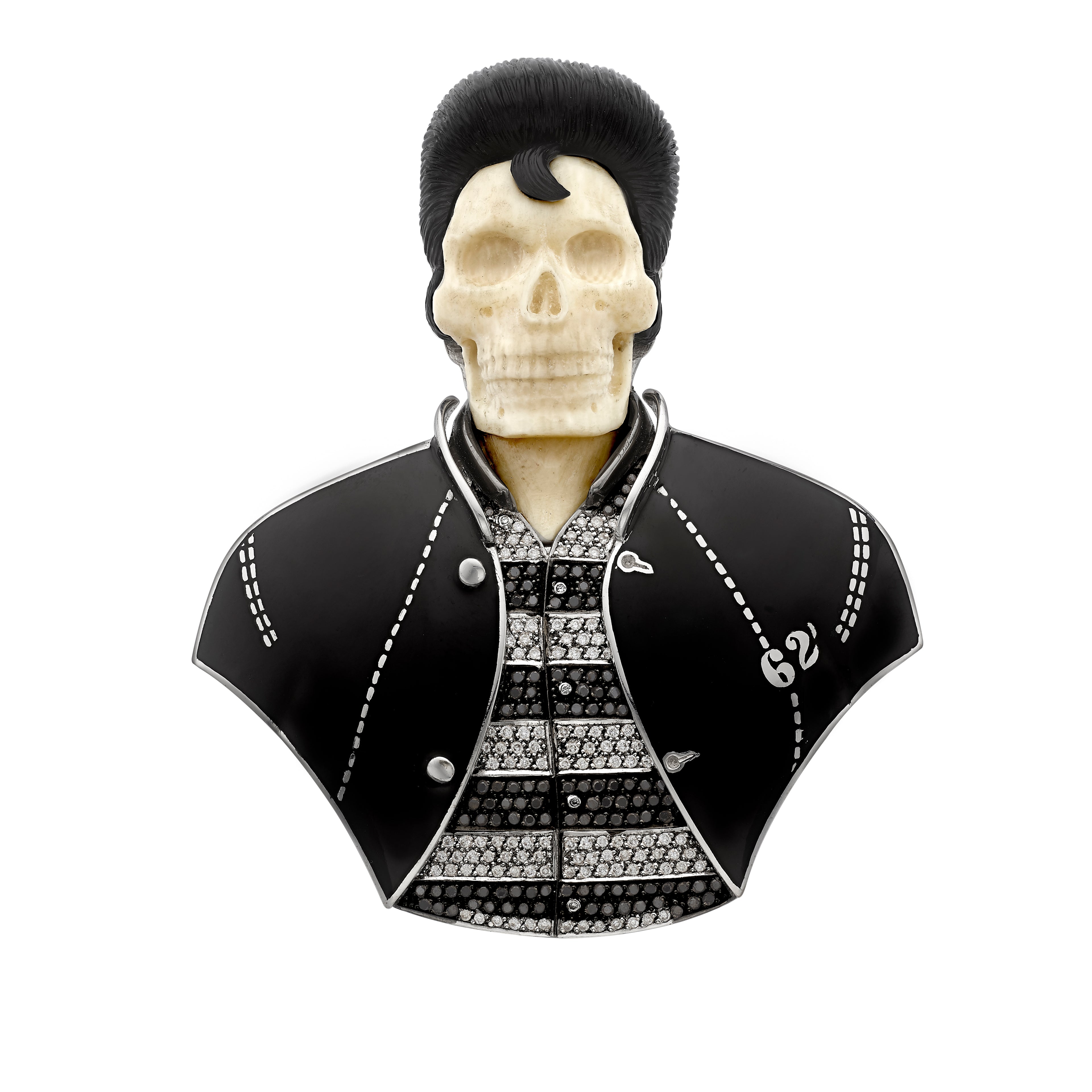 Enamelled Elvis Brooch in Diamond, Black Diamond, Carved Mammoth Skull & Onyx