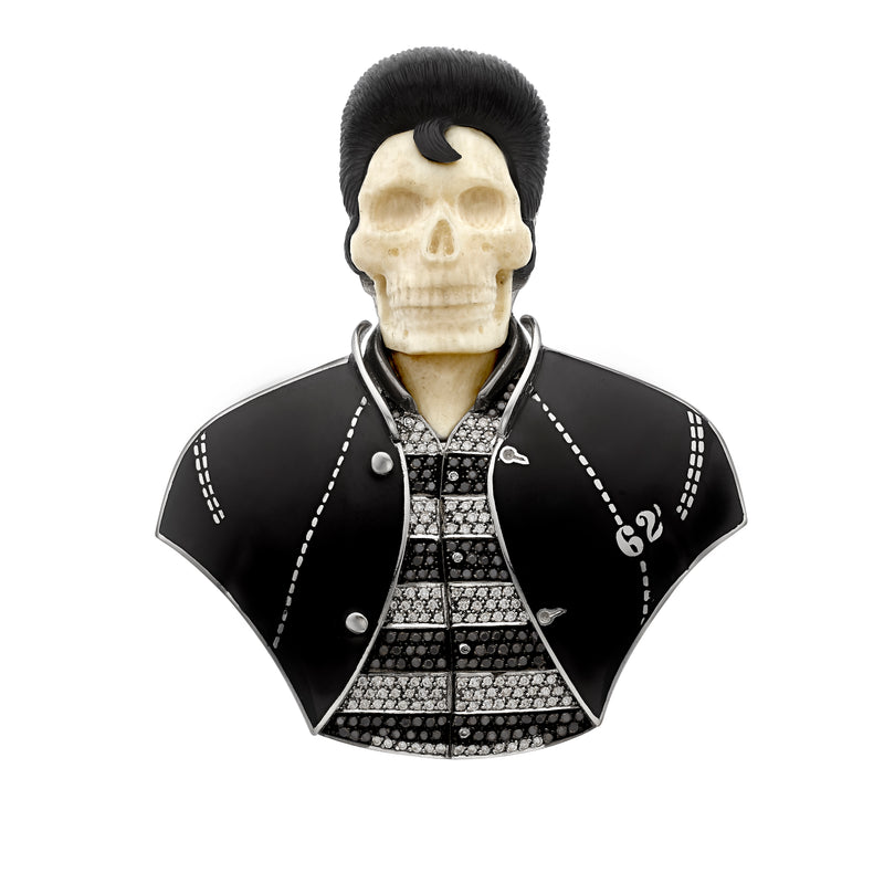 Enamelled Elvis Brooch in Diamond, Black Diamond, Carved Mammoth Skull & Onyx