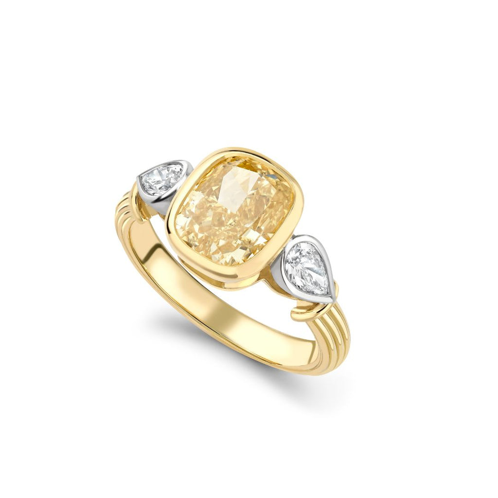3.00ct Yellow Cushion Diamond Three Stone Rail Ring
