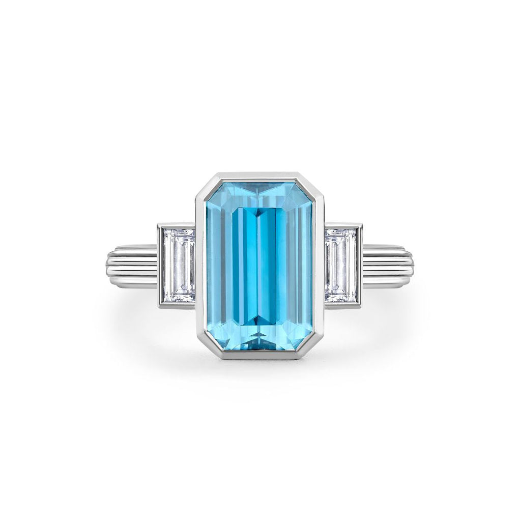 Blue Zircon and Diamond Three Stone Rail Ring