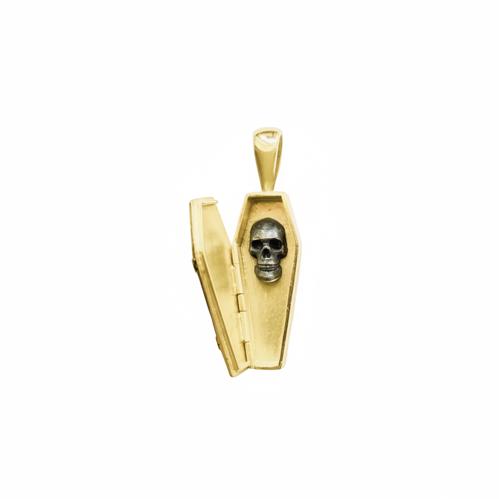 Yellow Gold Opening Coffin Pendant, with Silver Skull Inside