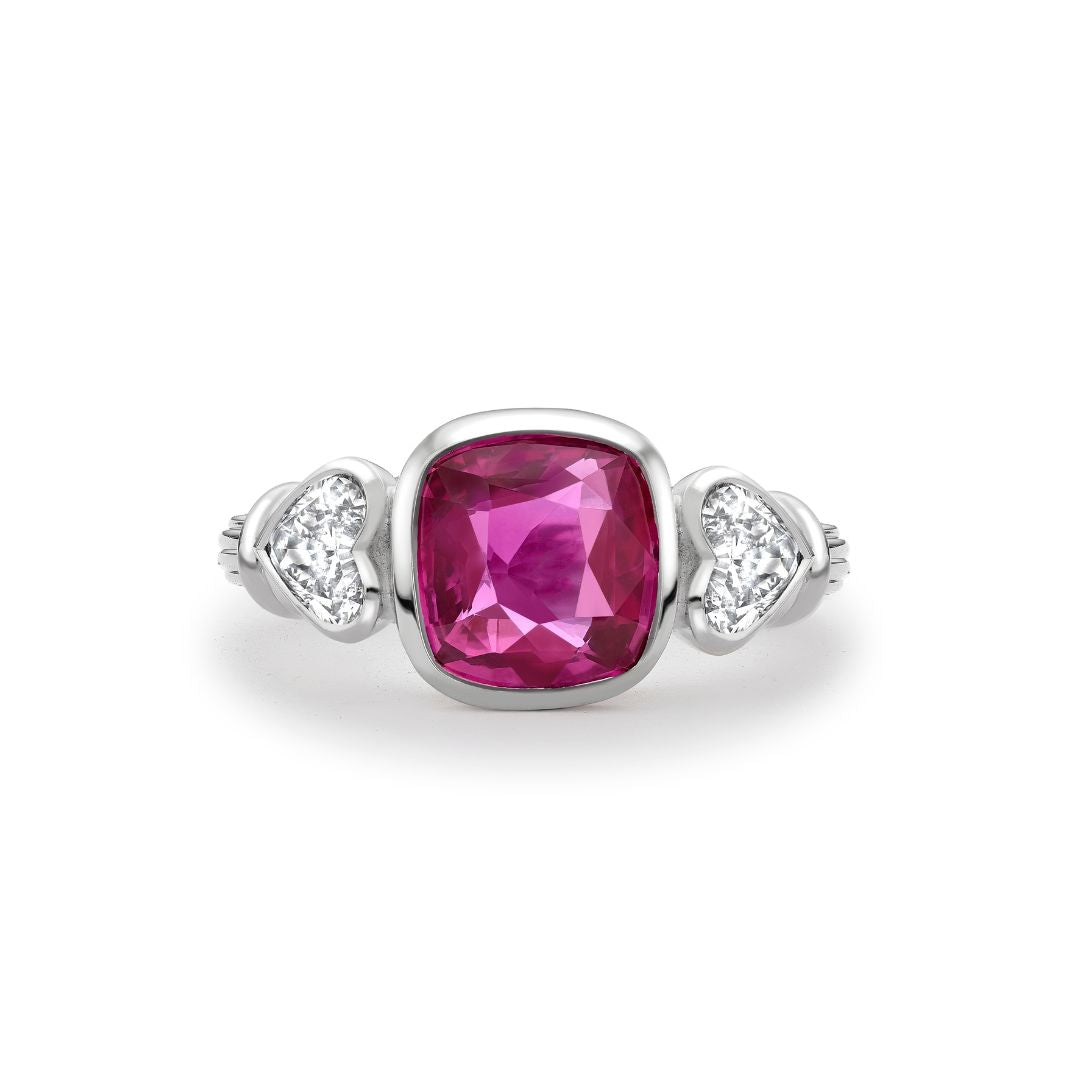 Pink Sapphire and Diamond Heart Three Stone Rail Ring