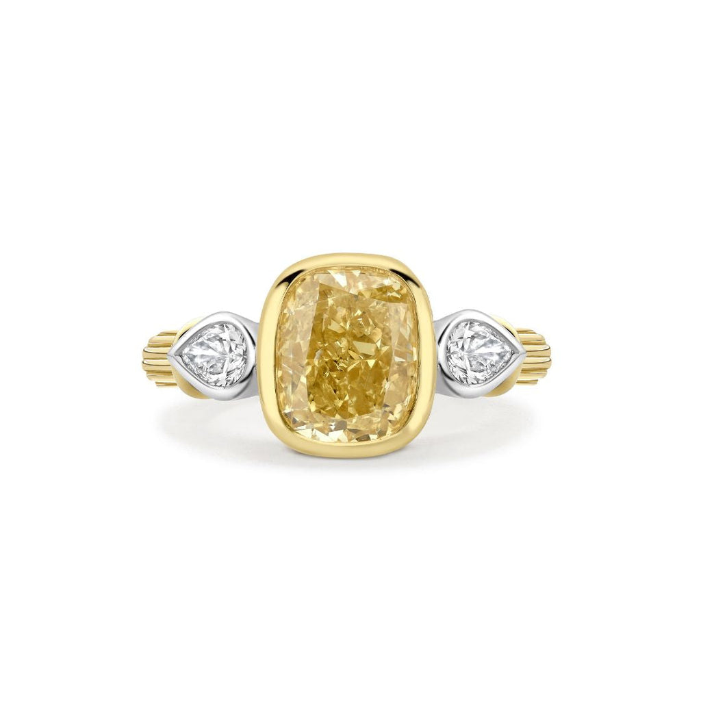 3.00ct Yellow Cushion Diamond Three Stone Rail Ring
