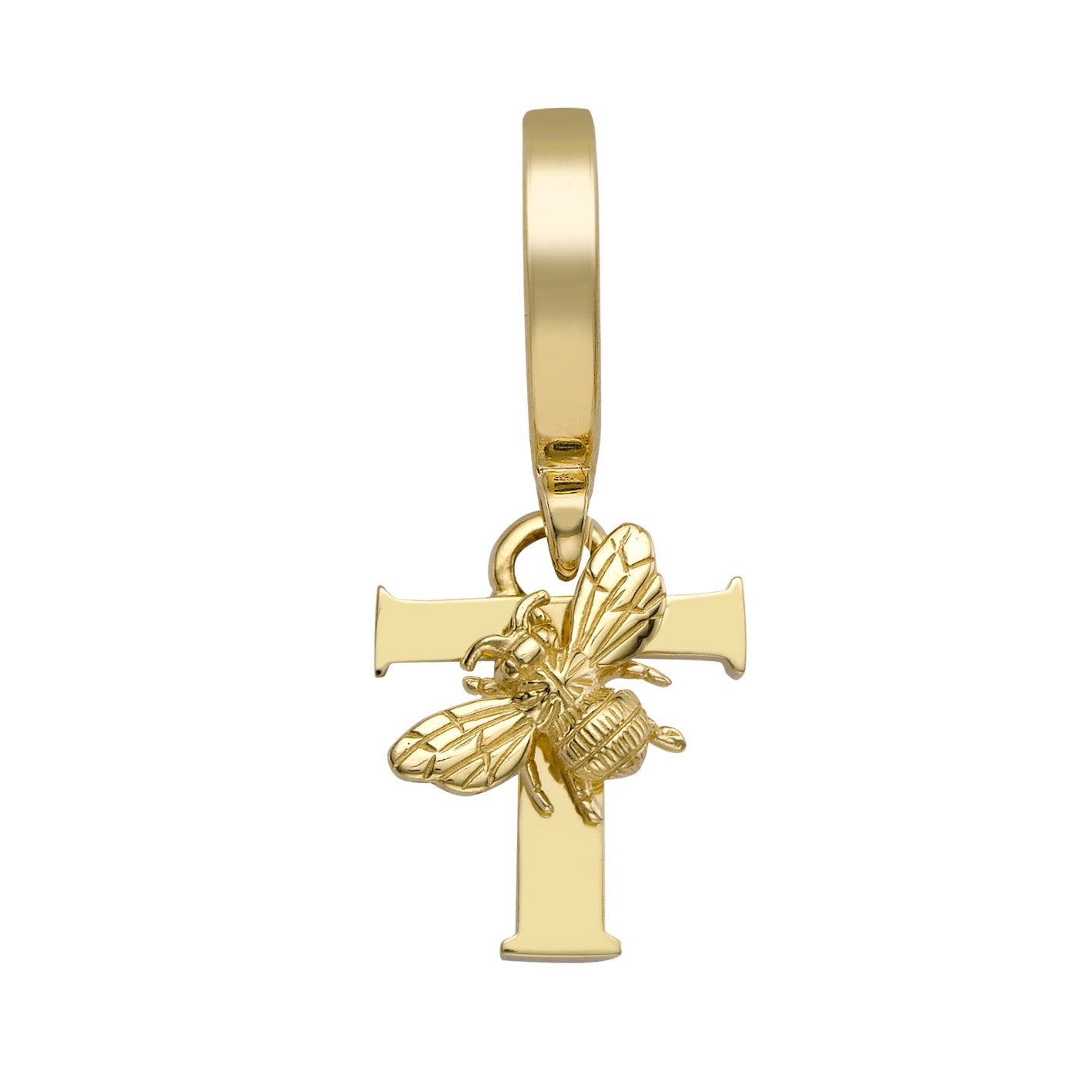 Yellow Gold Letter 'T' Charm with Bee Motif