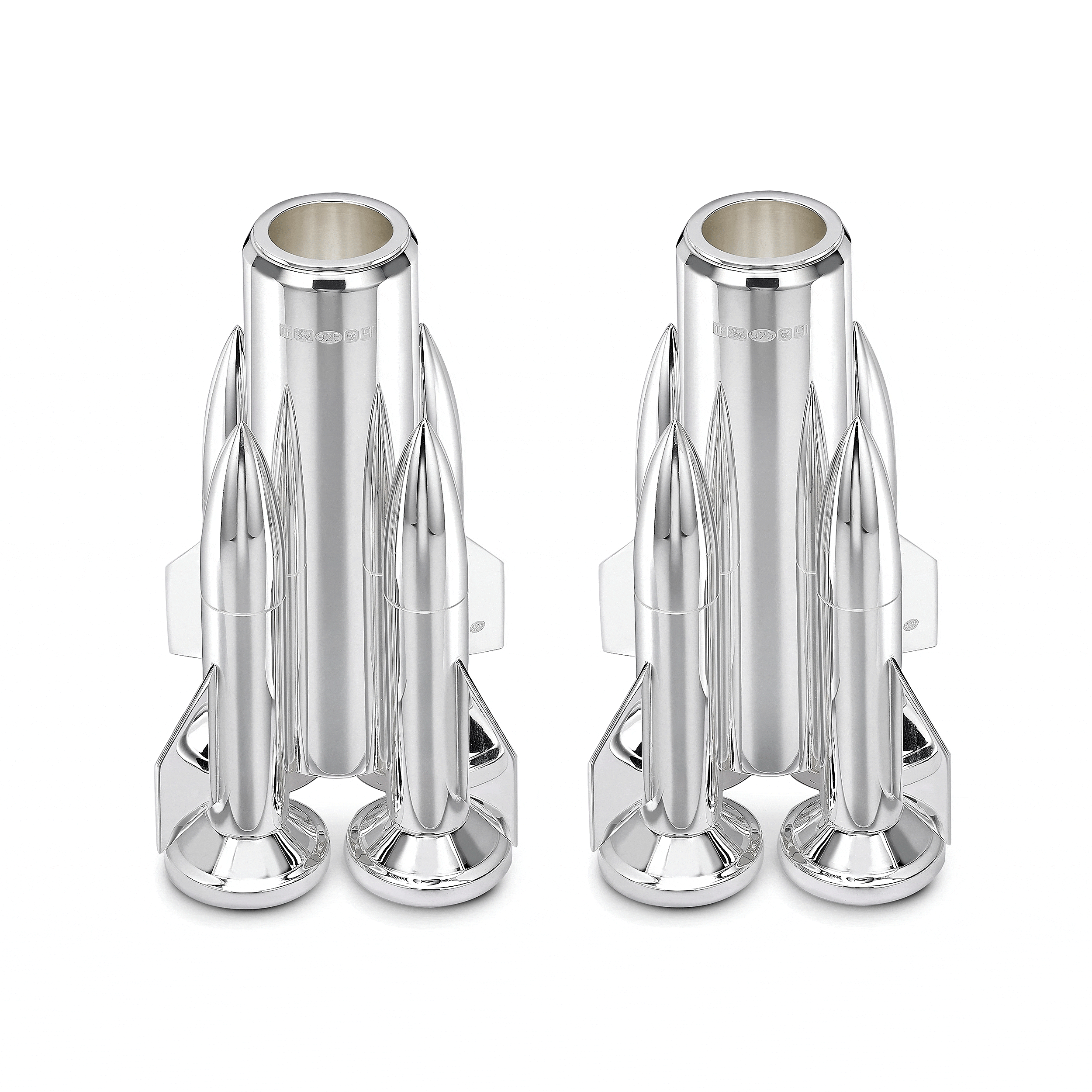 Pair of Silver Rocket Candlesticks with Side Burners