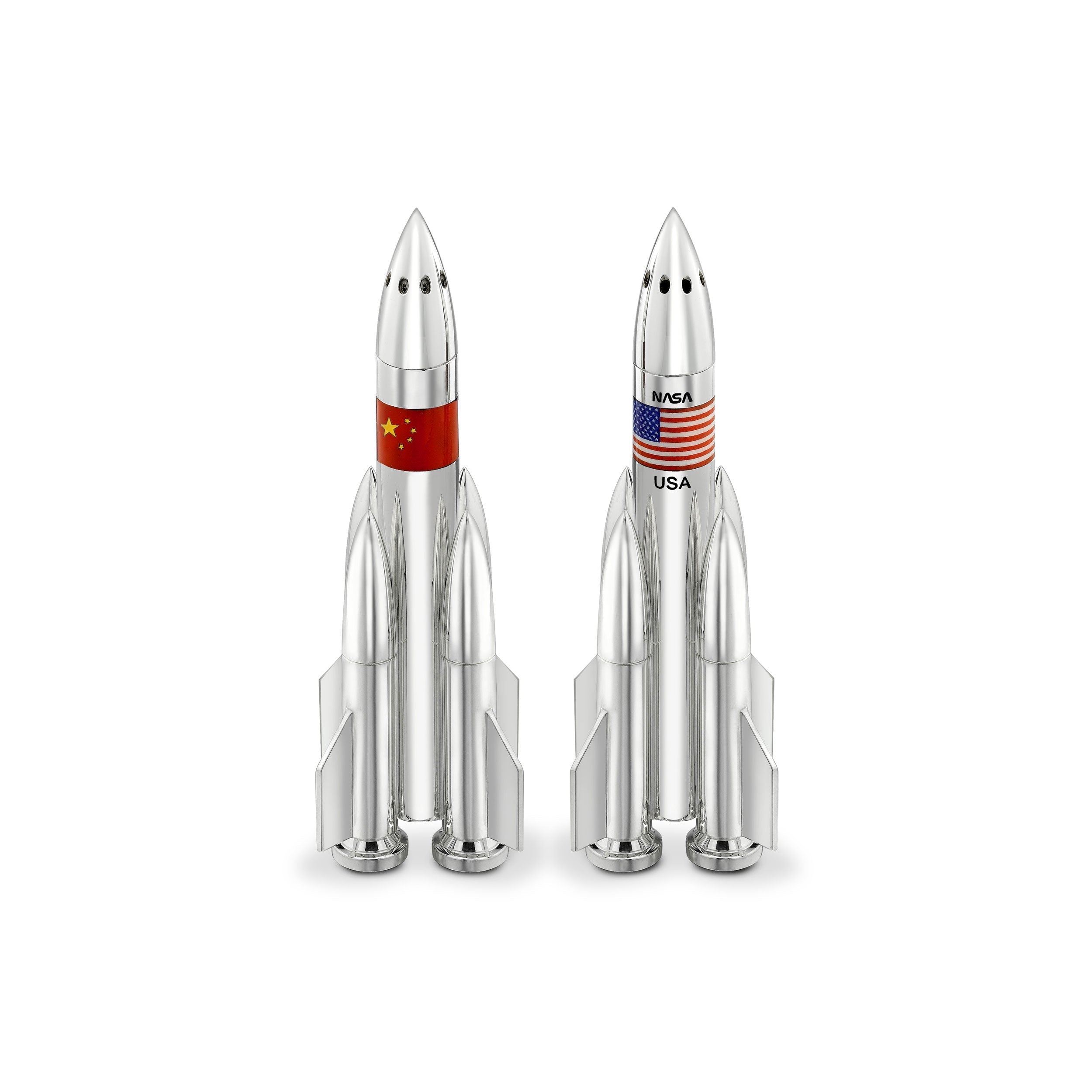 Silver Rocket Salt & Pepper with China & USA Enamel Flags