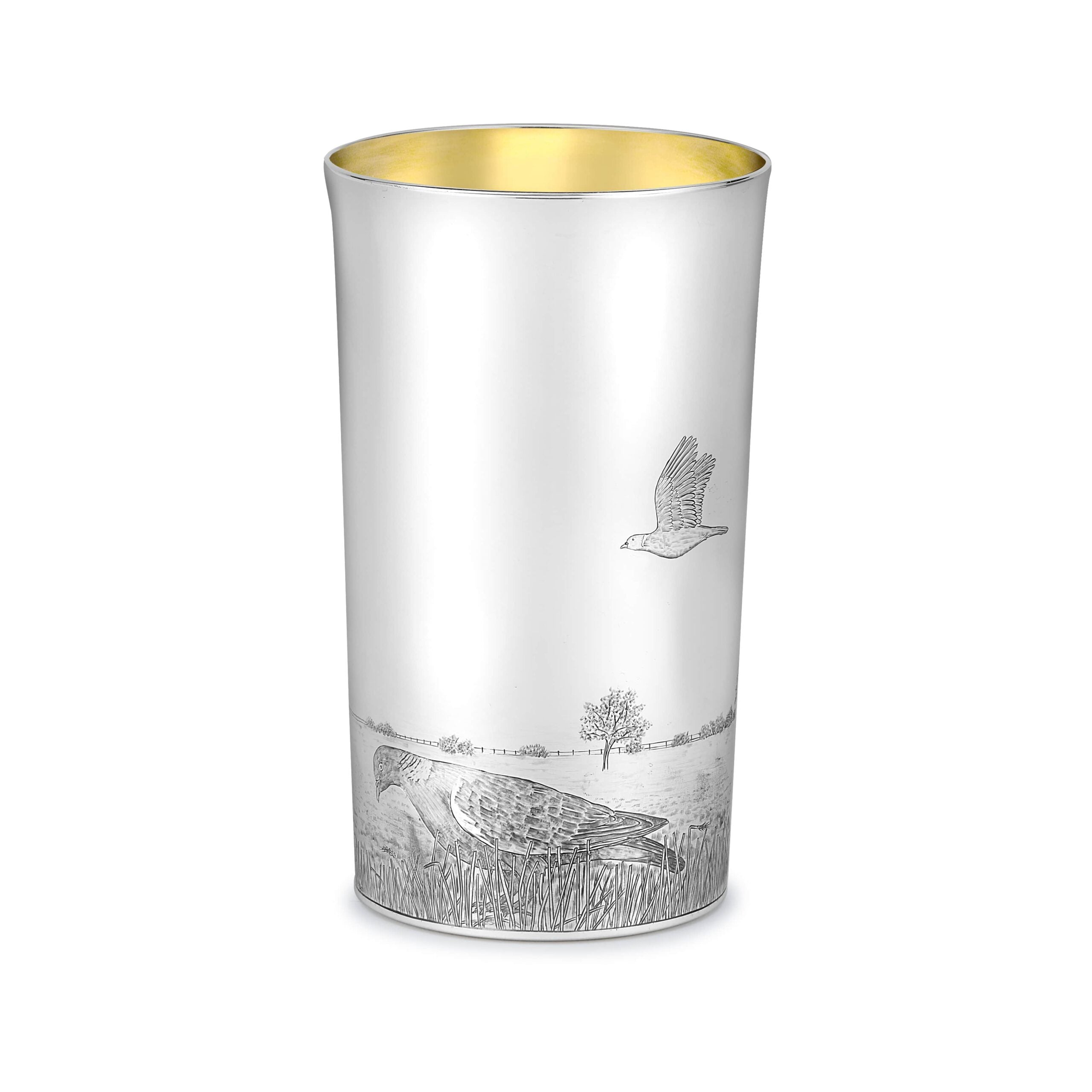 Straight Sided Flared Top Beaker Engraved with a Pigeon Scene