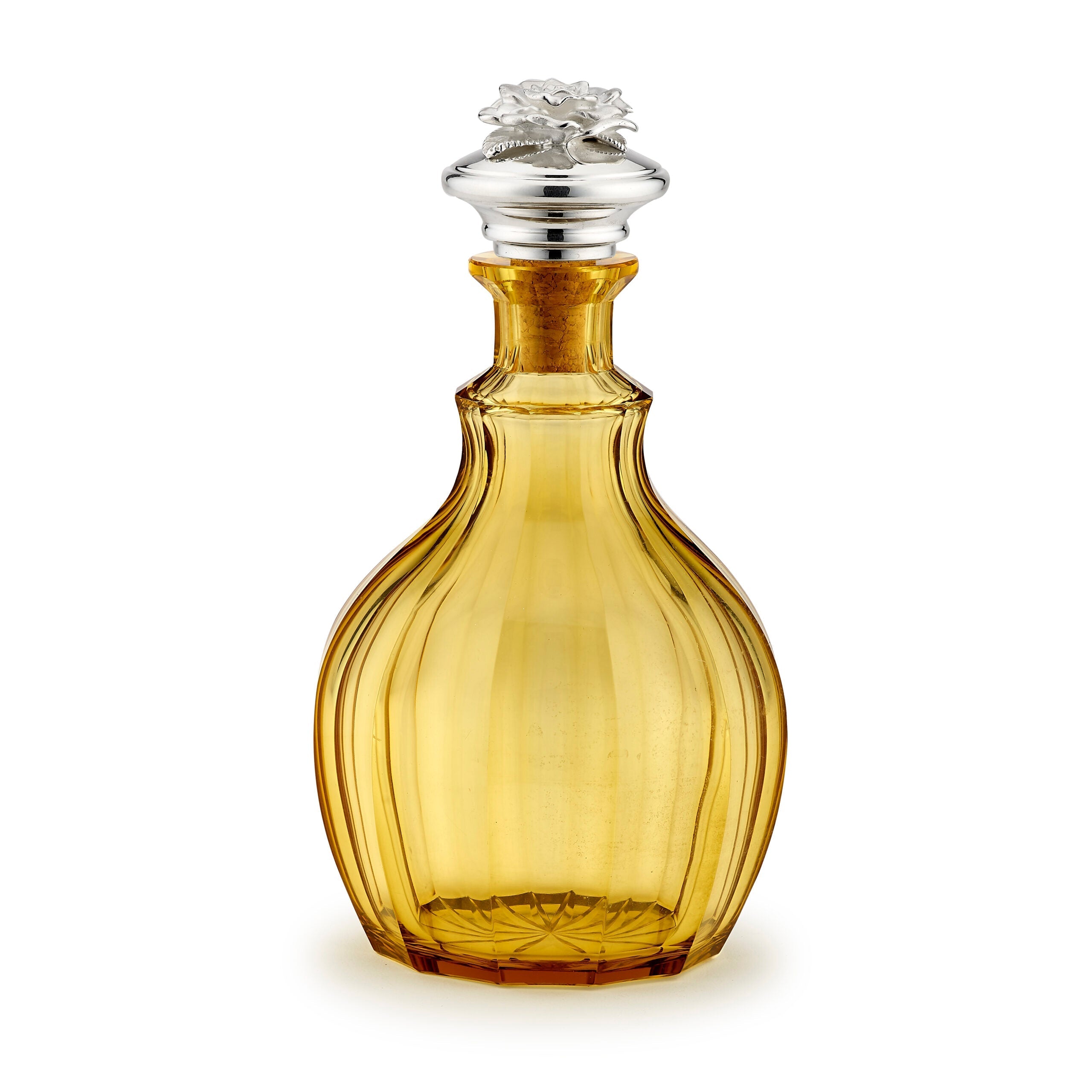 Silver Rose Stopper on Antique Amber Swirl Decanter
