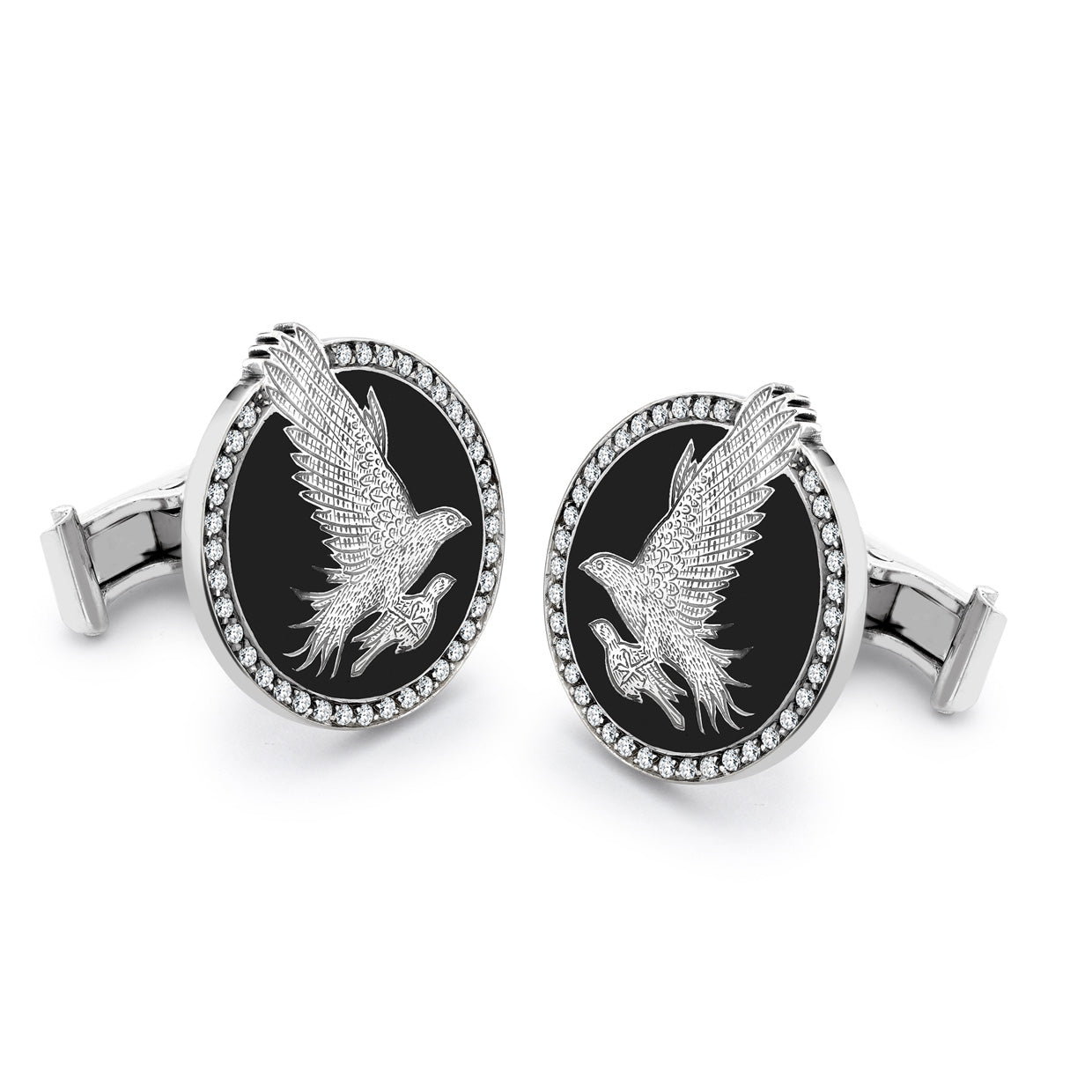 Pave Diamond & Black Enamel Gyrfalcon Cufflinks