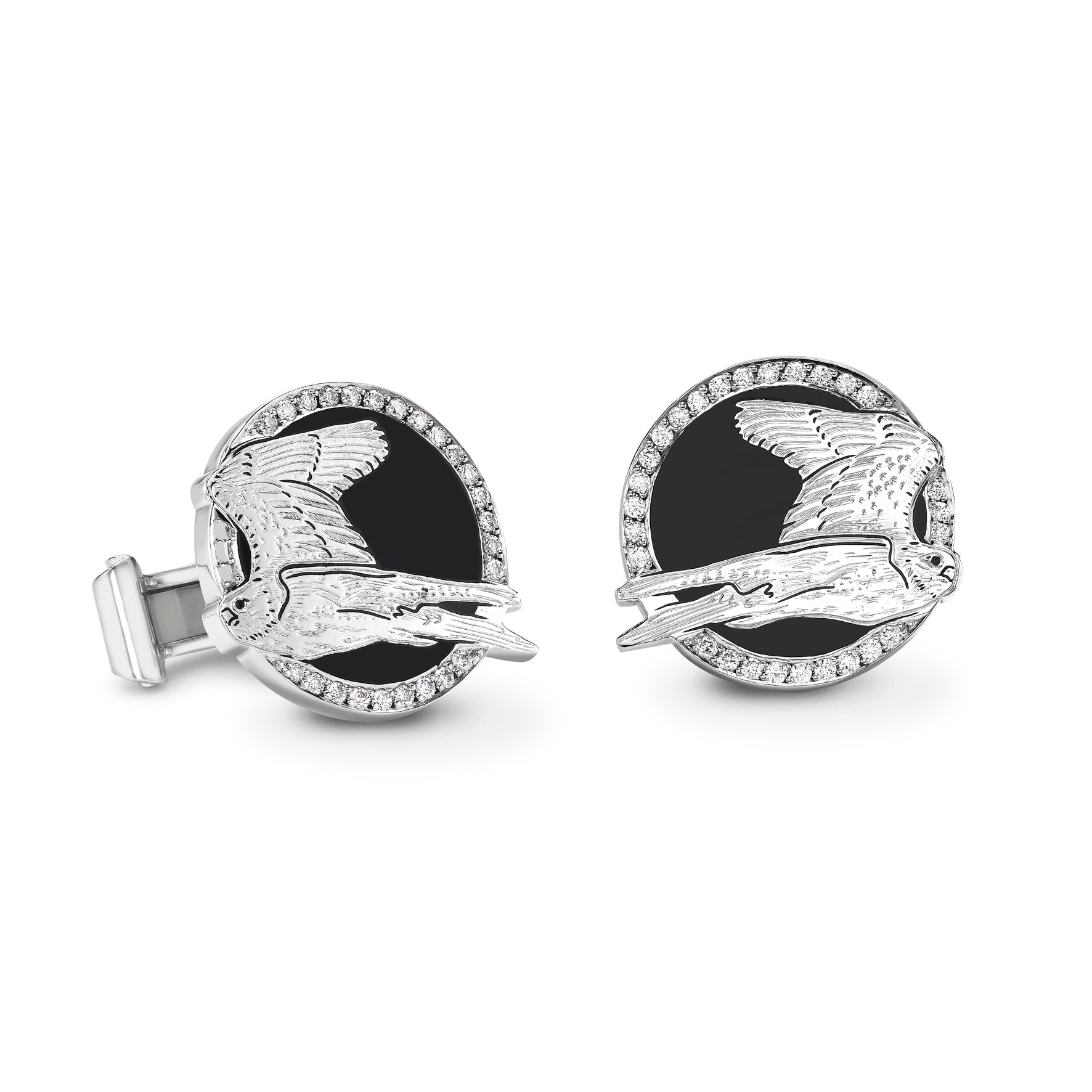 White Gold Diamond Enameled Gyrfalcon In Flight Cufflinks