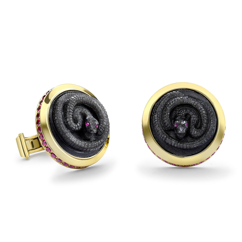 Carved Silver Obsidian & Ruby Snake Cufflinks