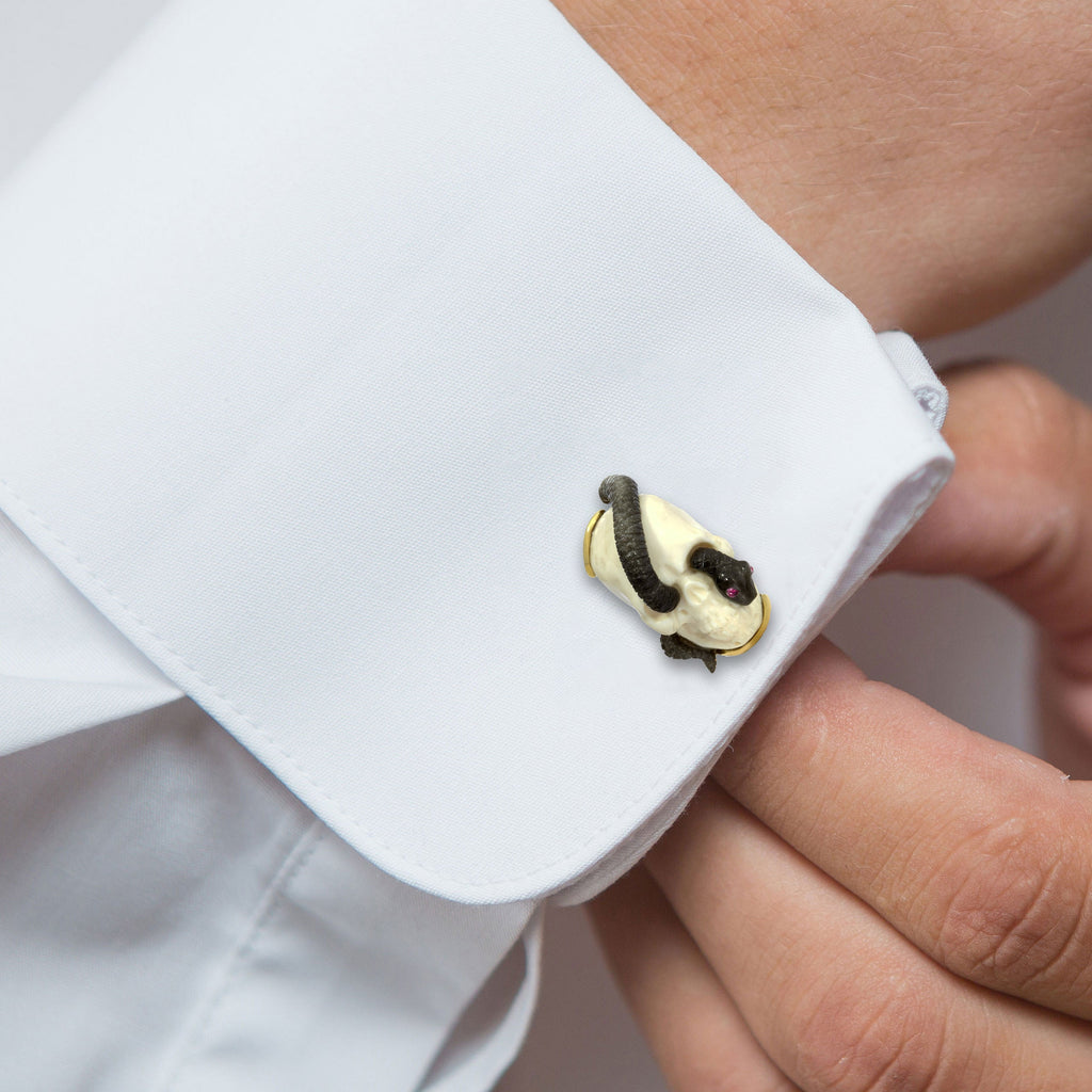 Mammoth Bone Skull & Obsidian Snake Cufflinks