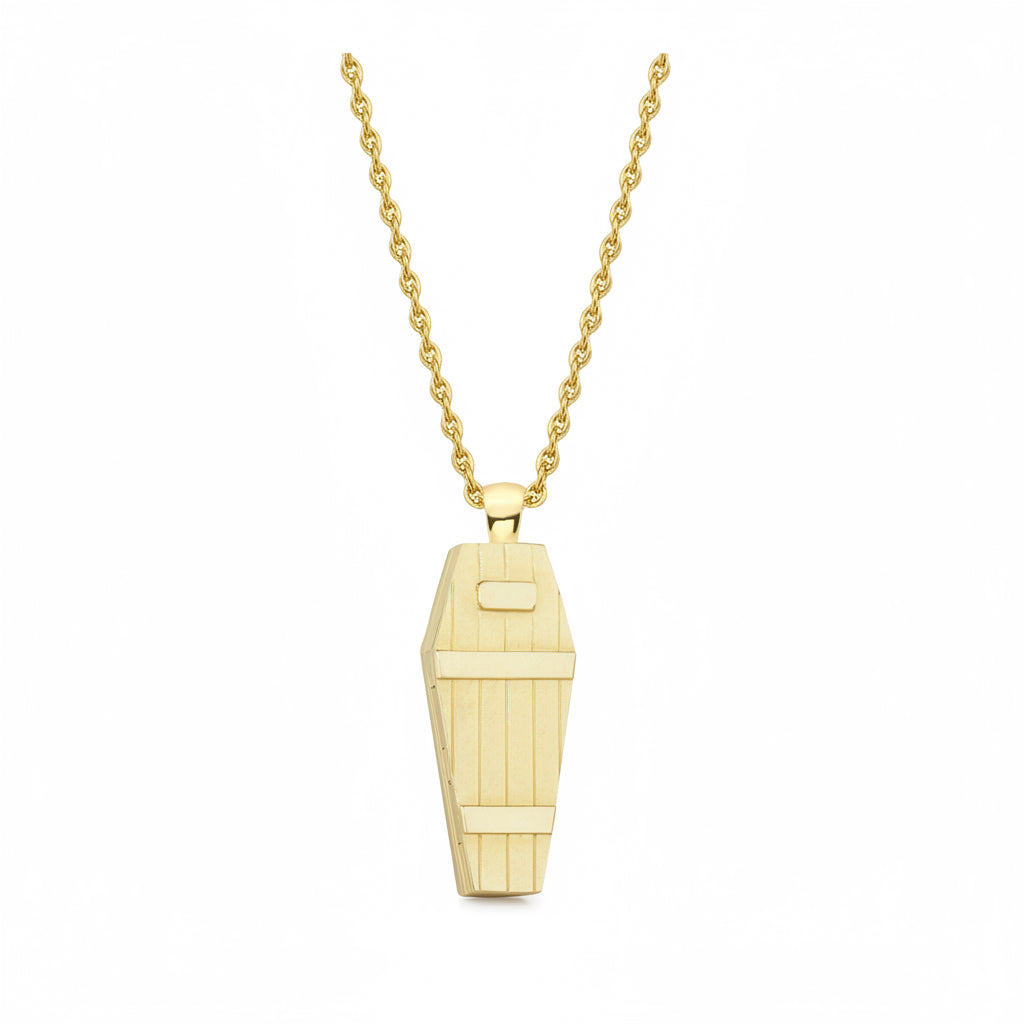 Yellow Gold Opening Coffin Pendant, with Silver Skull Inside